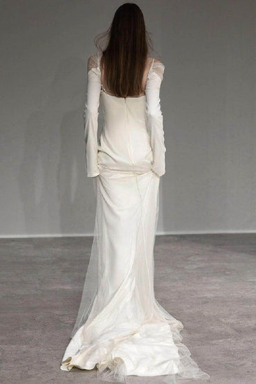 A-Line Sweep-Brush Train Satin Wedding Dress 743493384317 - COCOMELODY