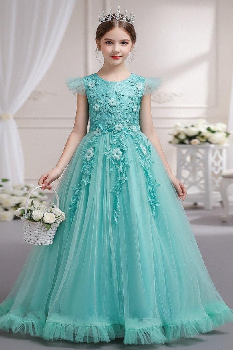 A-Line Cap Sleeve Lace Applique Tulle Floor Length Flower Girl Dresses 1031527052172 - 7 Days / Turquoise / 120cm - COCOMELODY
