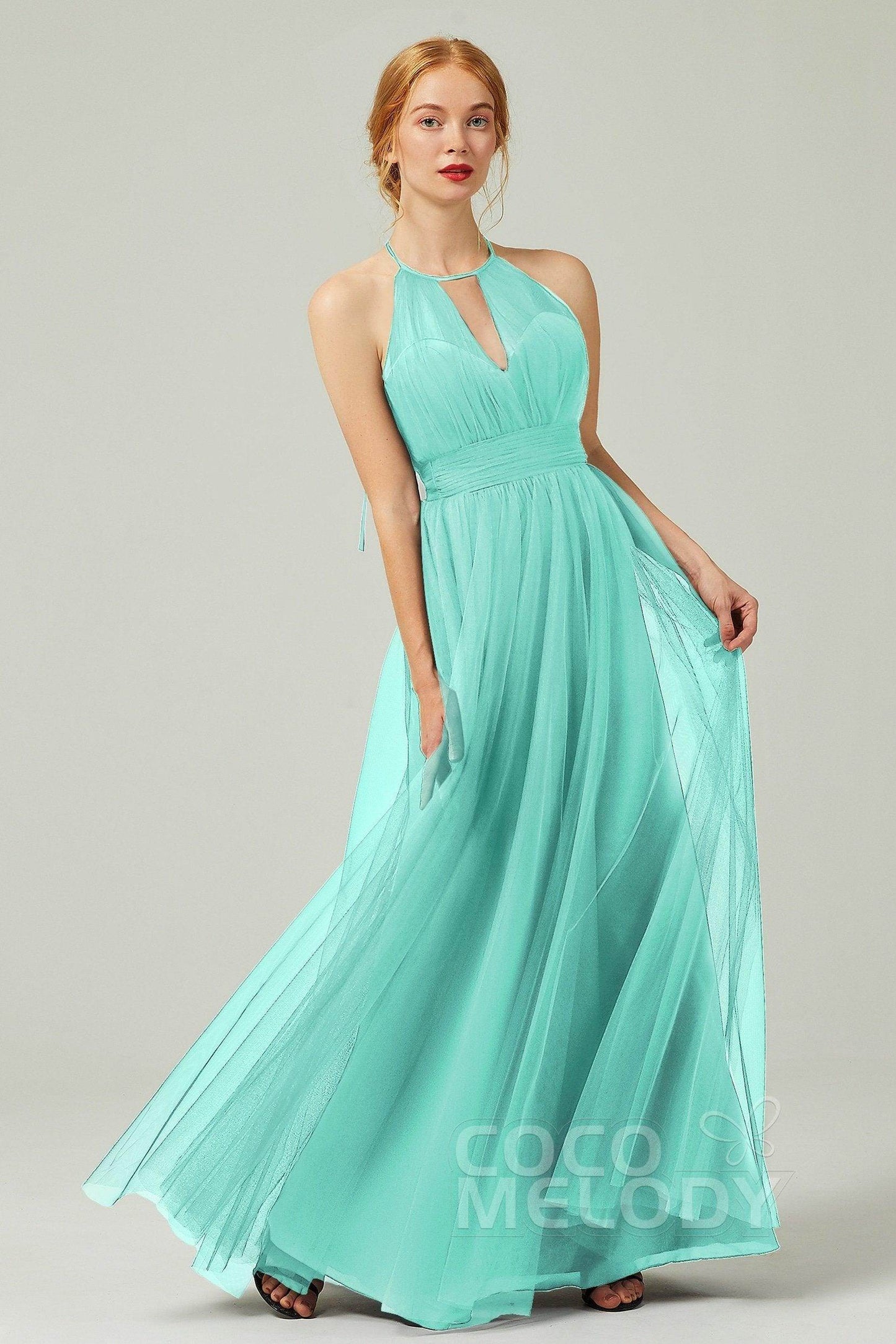 A-Line Floor Length Tulle Bridesmaid Dress CB0334PS - COCOMELODY