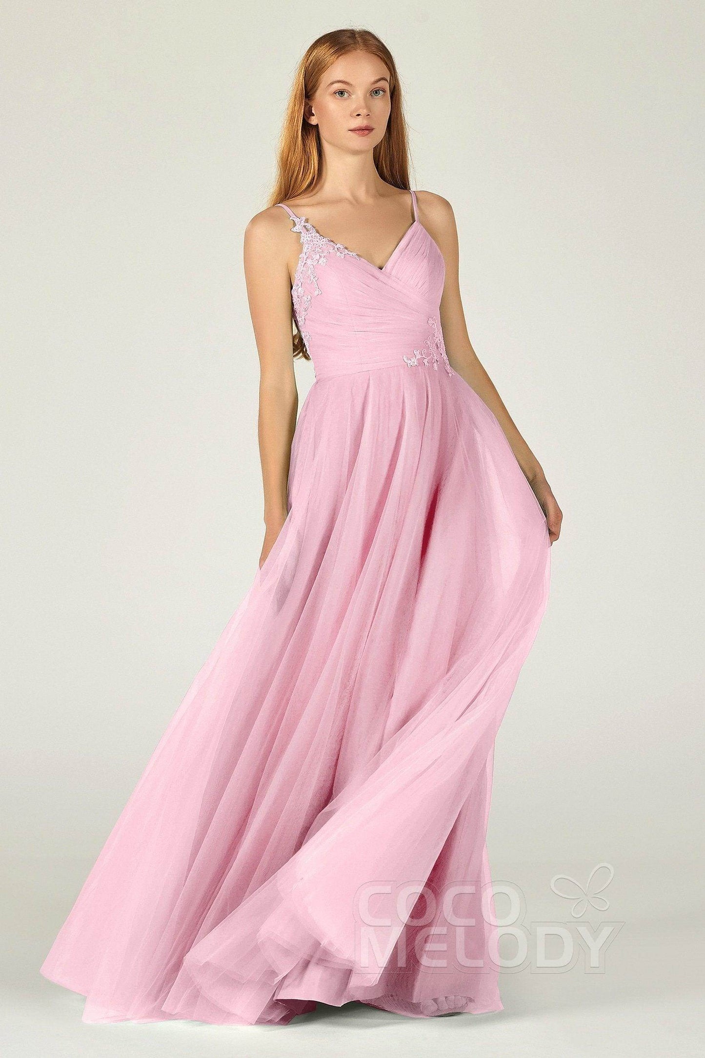 A-Line Floor Length Tulle Bridesmaid Dress CB0383 - COCOMELODY