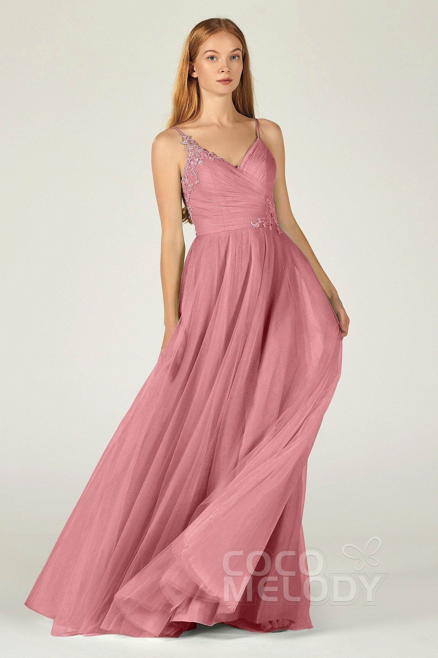 A-Line Floor Length Tulle Bridesmaid Dress CB0383 - COCOMELODY