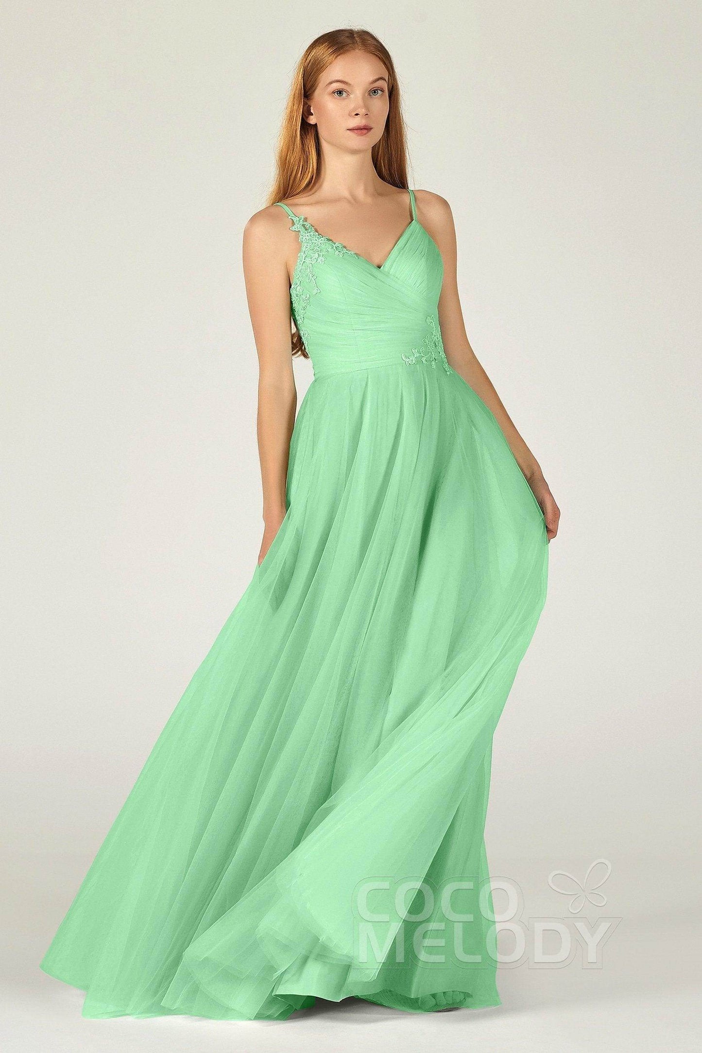 A-Line Floor Length Tulle Bridesmaid Dress CB0383 - COCOMELODY
