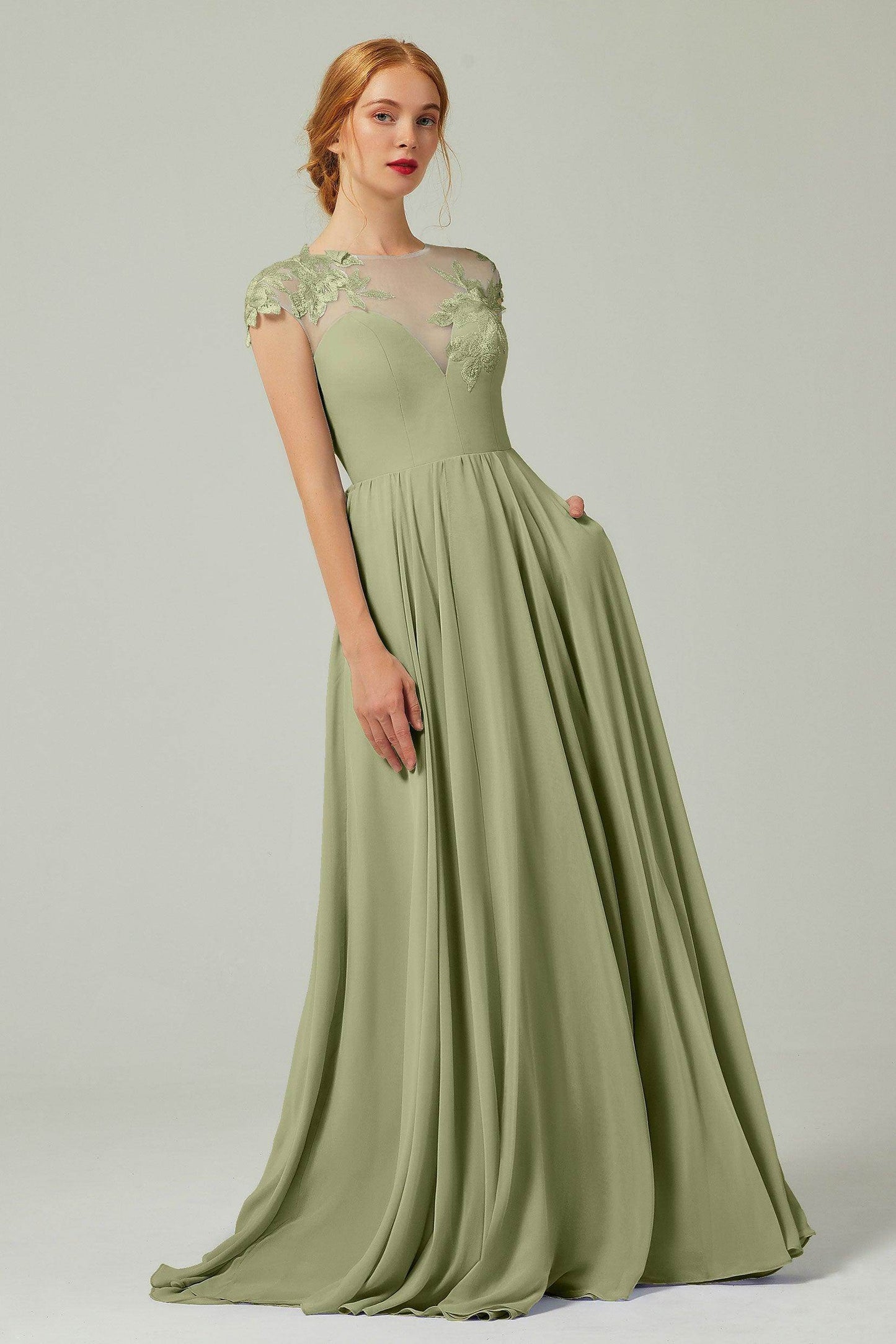 A-Line Sweep-Brush-Train Chiffon Bridesmaid Dress CB0248CR