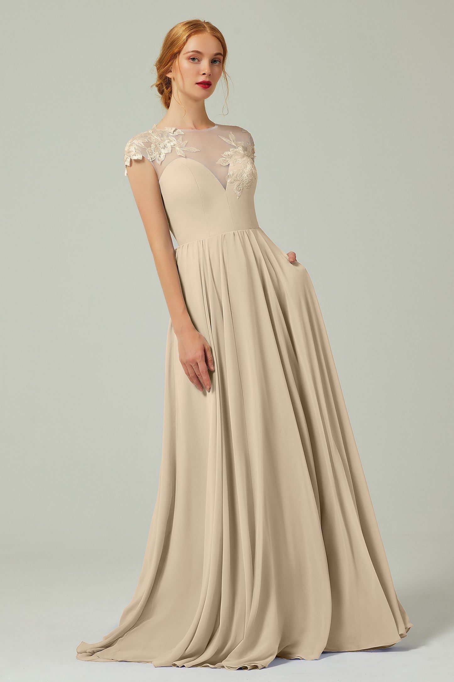 A-Line Sweep-Brush-Train Chiffon Bridesmaid Dress CB0248CR