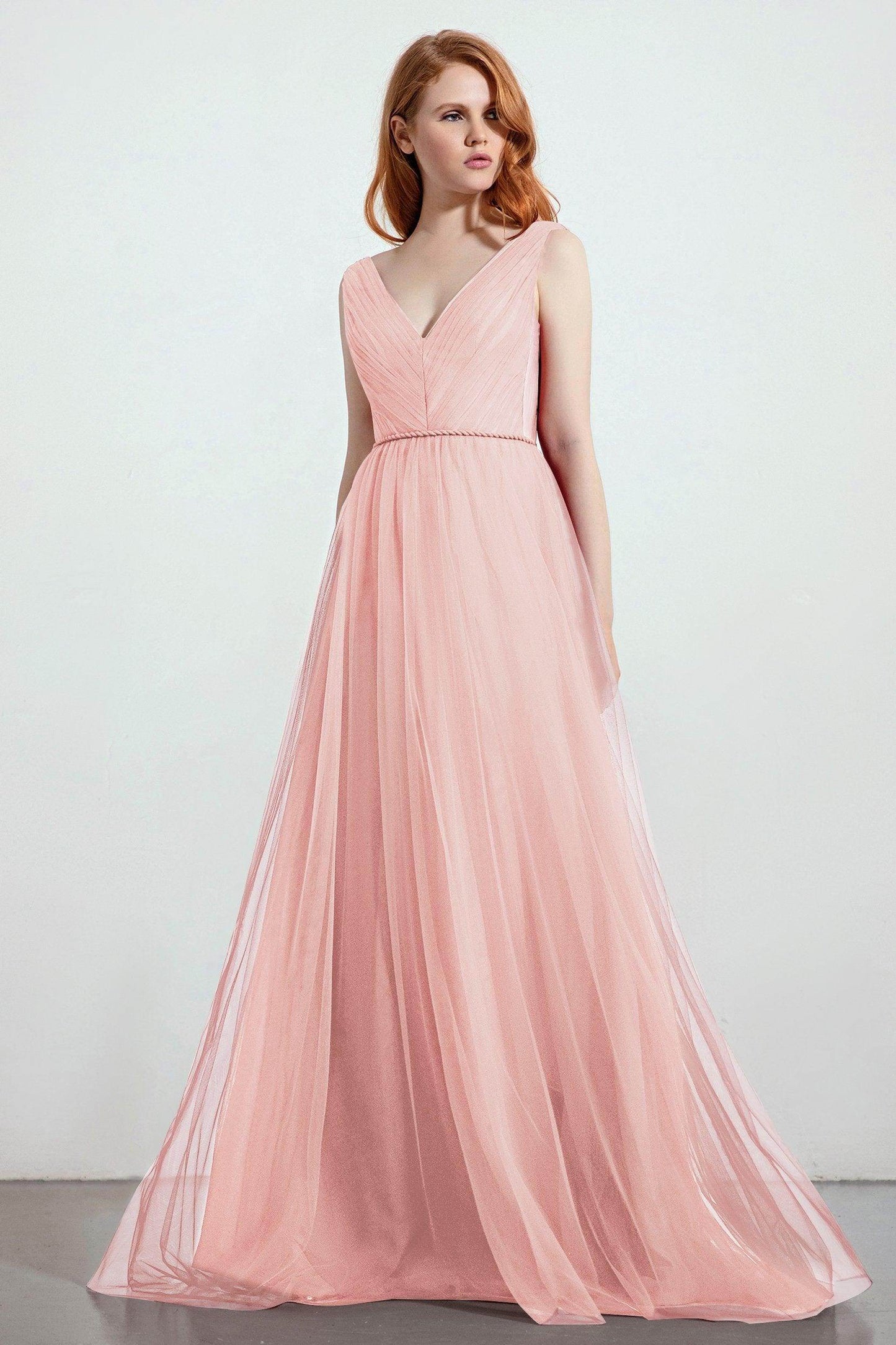A-Line Sweep-Brush Train Tulle Bridesmaid Dress CB0263 - COCOMELODY