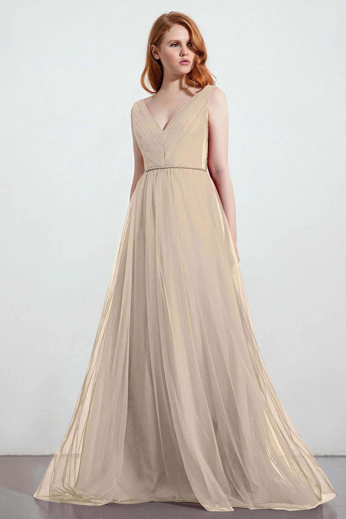 A-Line Sweep-Brush Train Tulle Bridesmaid Dress CB0263 - COCOMELODY