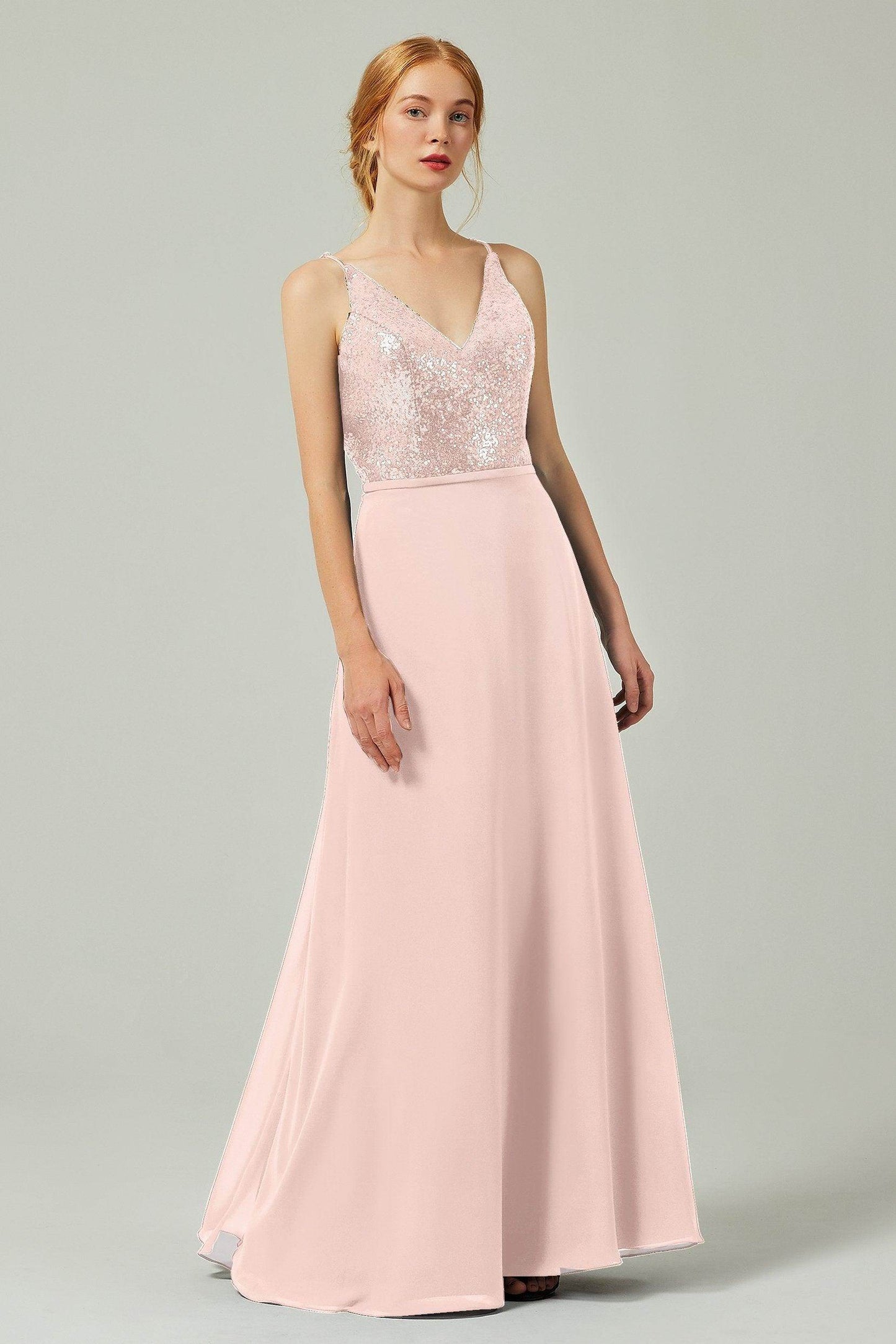 A-Line Floor Length Chiffon Sequined Bridesmaid Dress Formal Dresses CB0335 - COCOMELODY