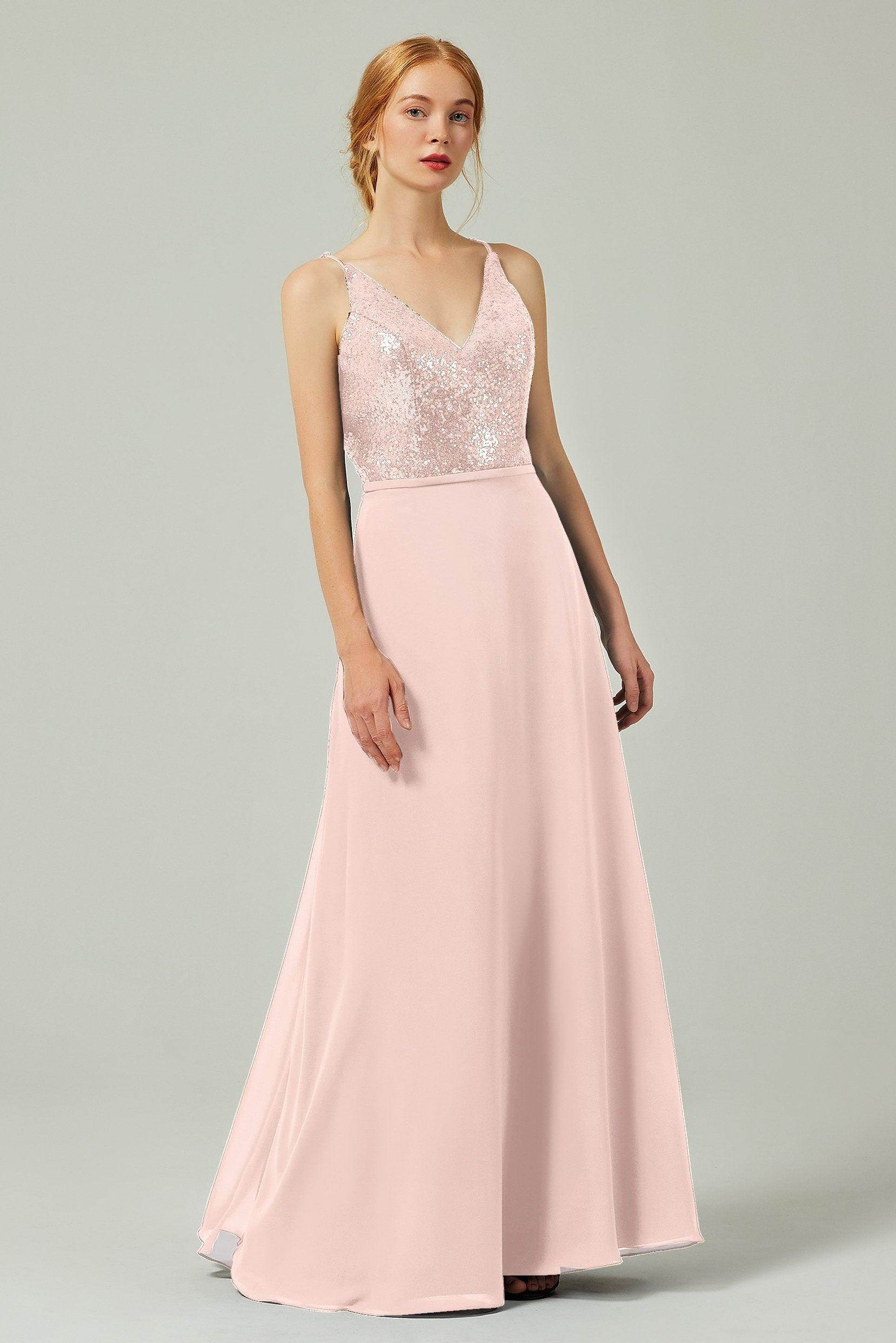 A-Line Floor Length Chiffon Sequined Bridesmaid Dress Formal Dresses CB0335 - COCOMELODY