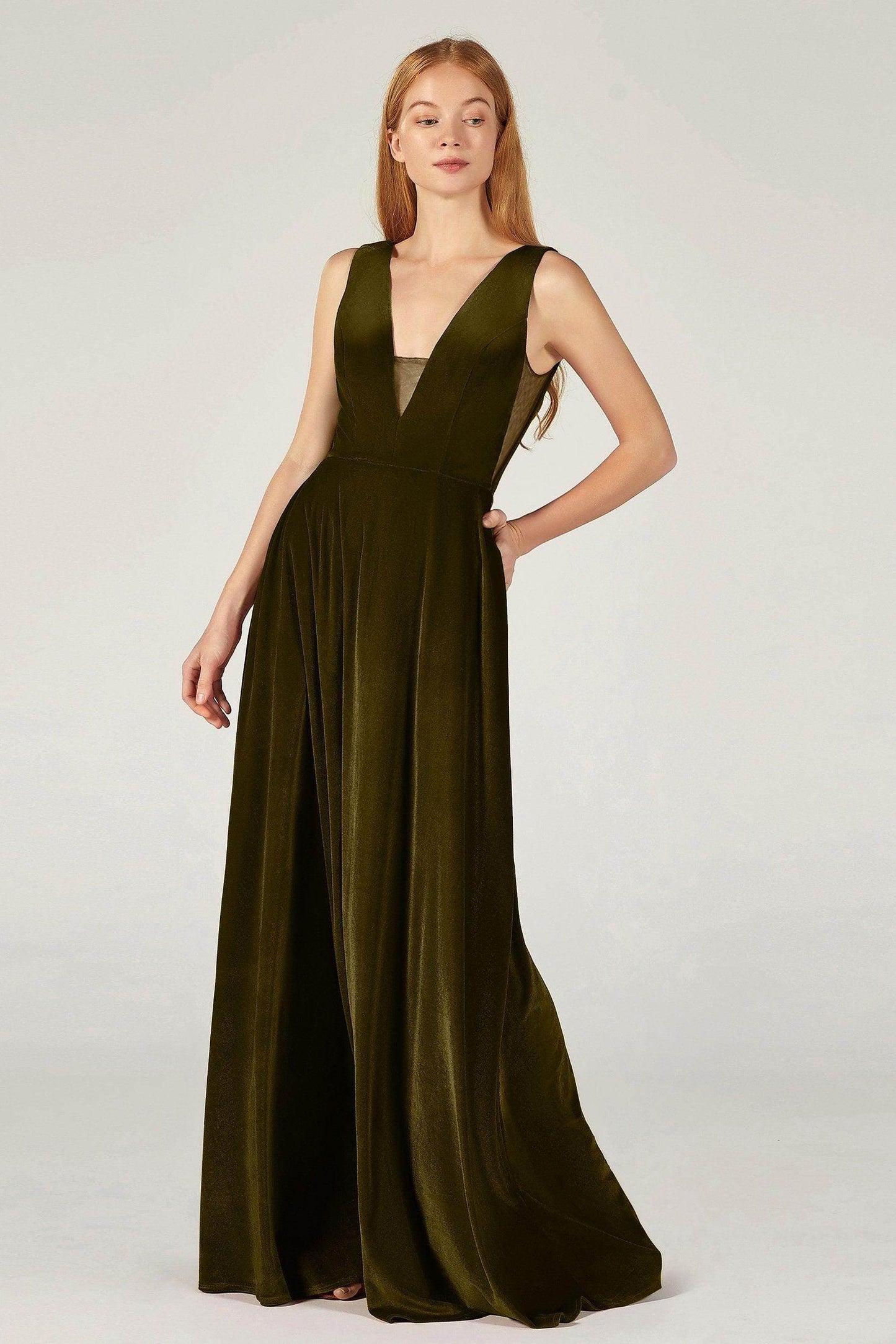 A-Line Floor Length Velvet Bridesmaid Dress CB0364 - COCOMELODY