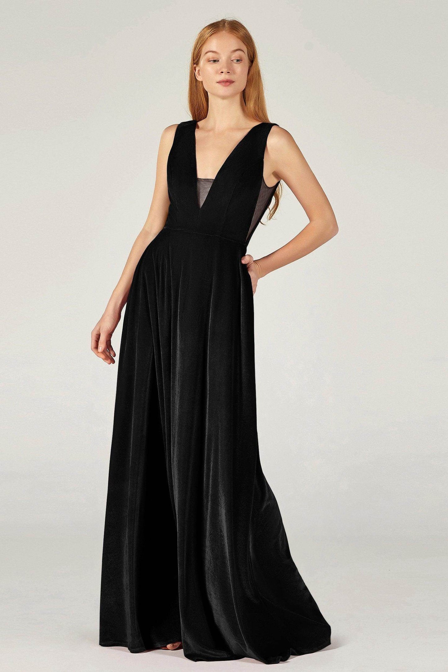 A-Line Floor Length Velvet Bridesmaid Dress CB0364 - COCOMELODY