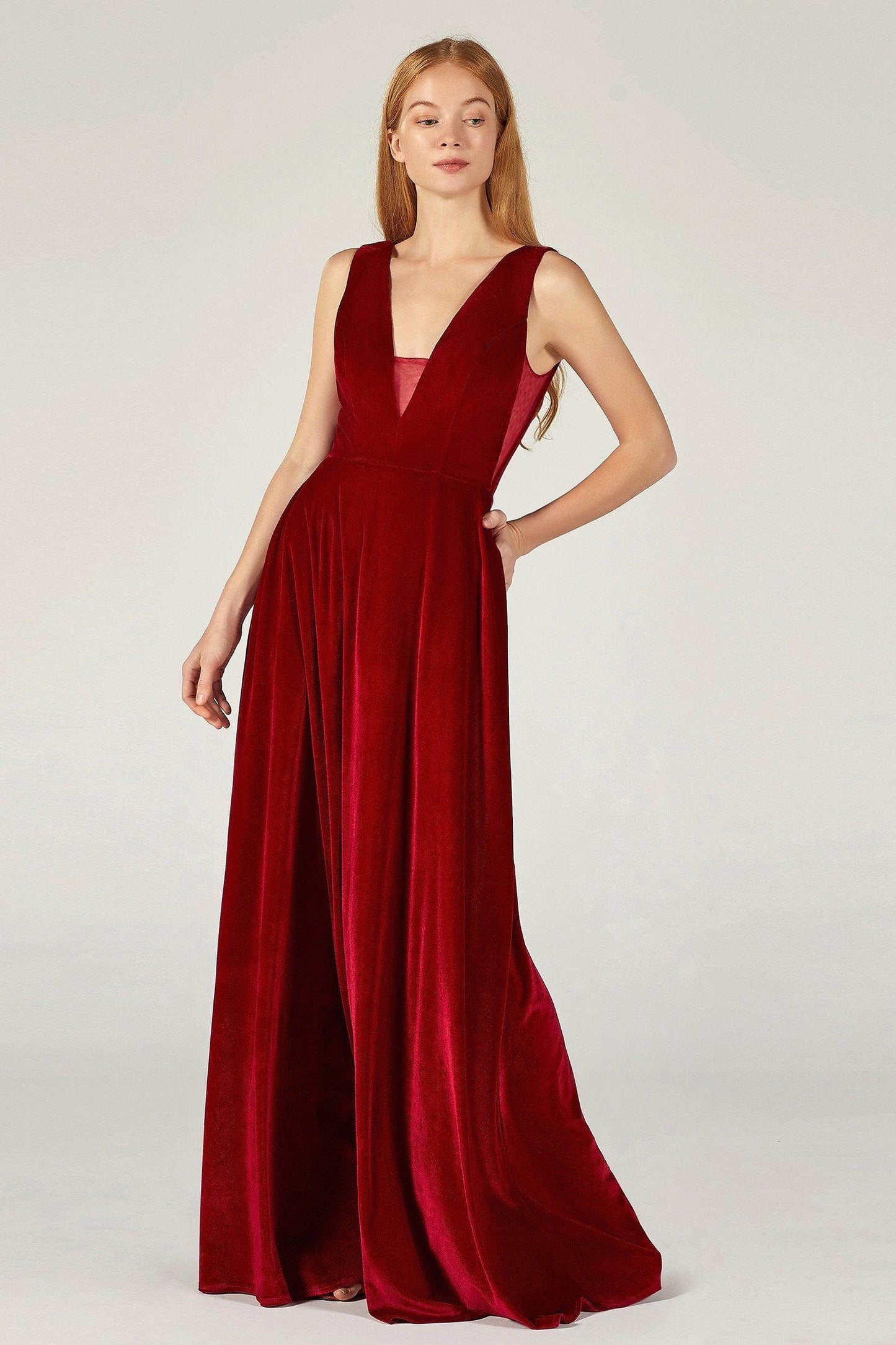 A-Line Floor Length Velvet Bridesmaid Dress CB0364 - COCOMELODY