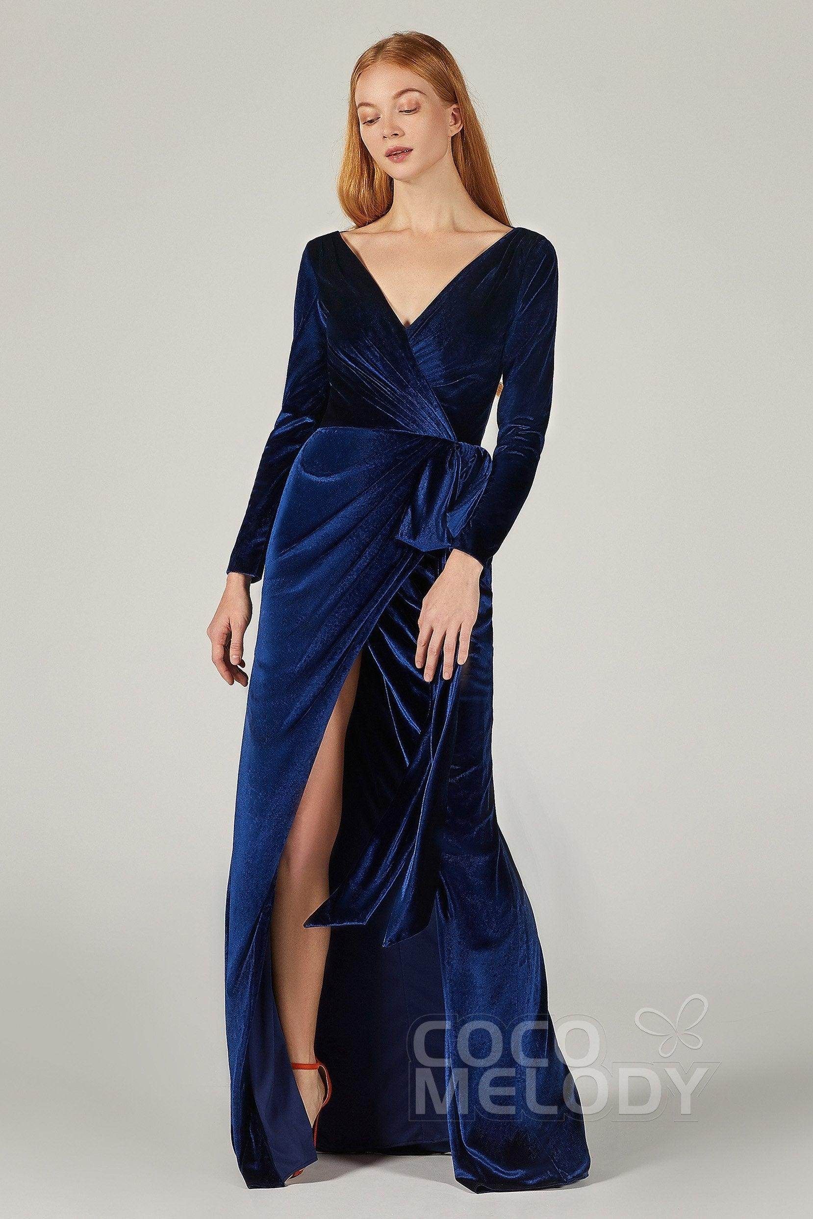 Sheath-Column Floor Length Velvet Bridesmaid Dress CB0366 - COCOMELODY