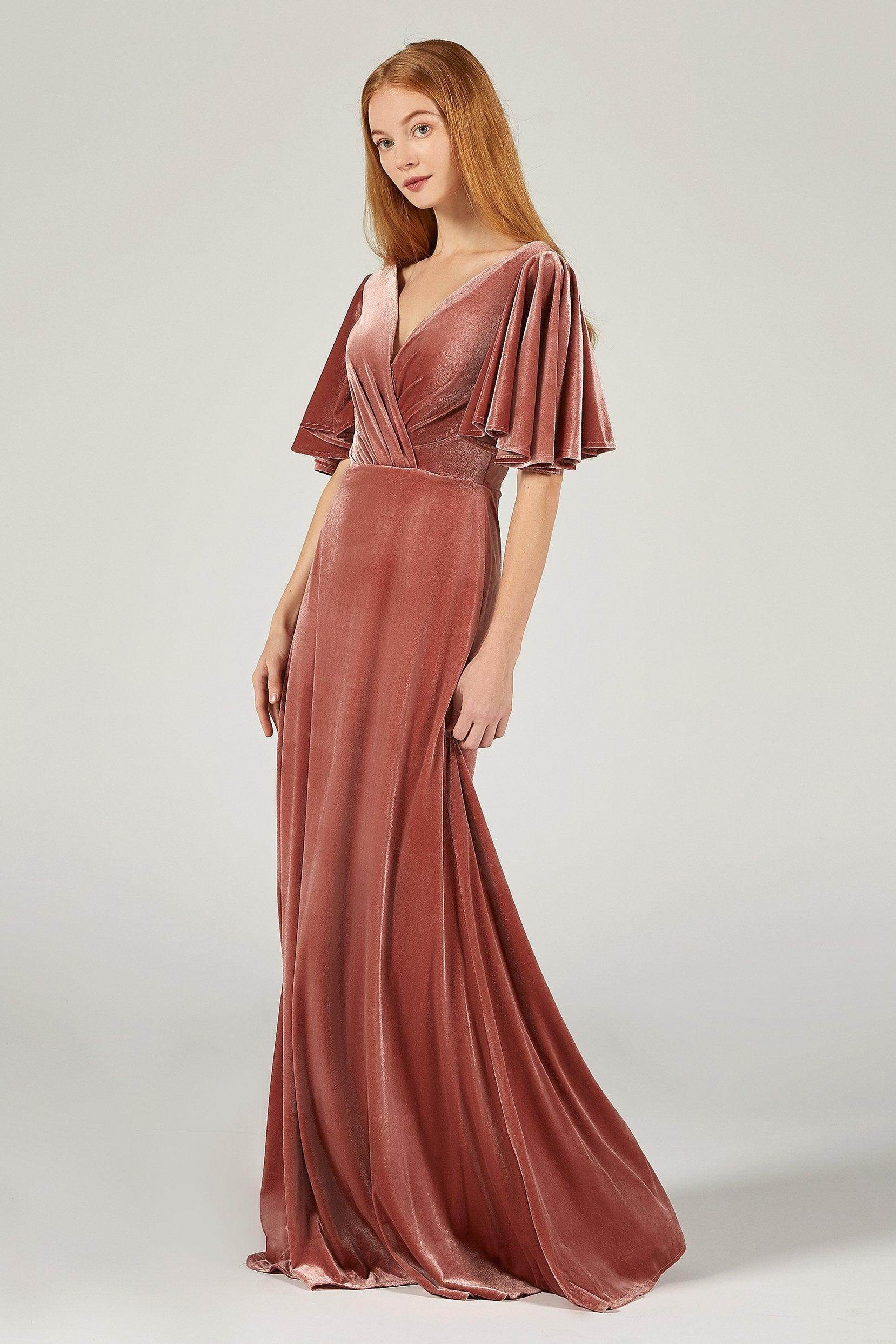 Classic Bell Sleeve V Neck Velvet Bridesmaid Dress with Pleats
