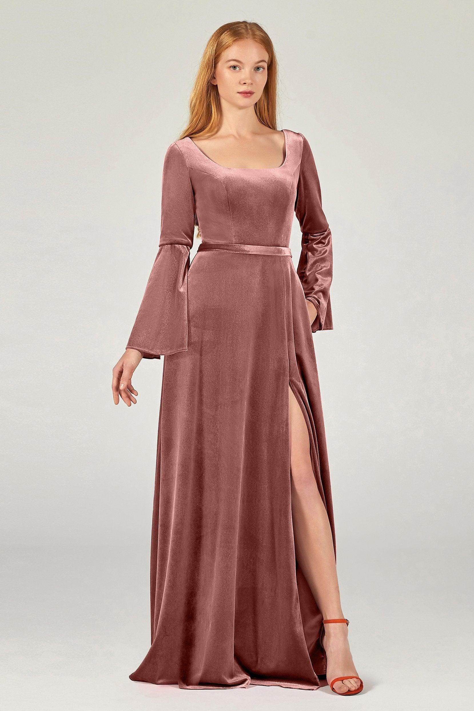 Square Velvet Bell Sleeve Bridesmaid Dress Split Pockets COCOMELODY CB0370, Forest Green Square Velvet Bell Sleeve Bridesmaid Dress Split Pockets COCOMELODY CB0370, Forest Green