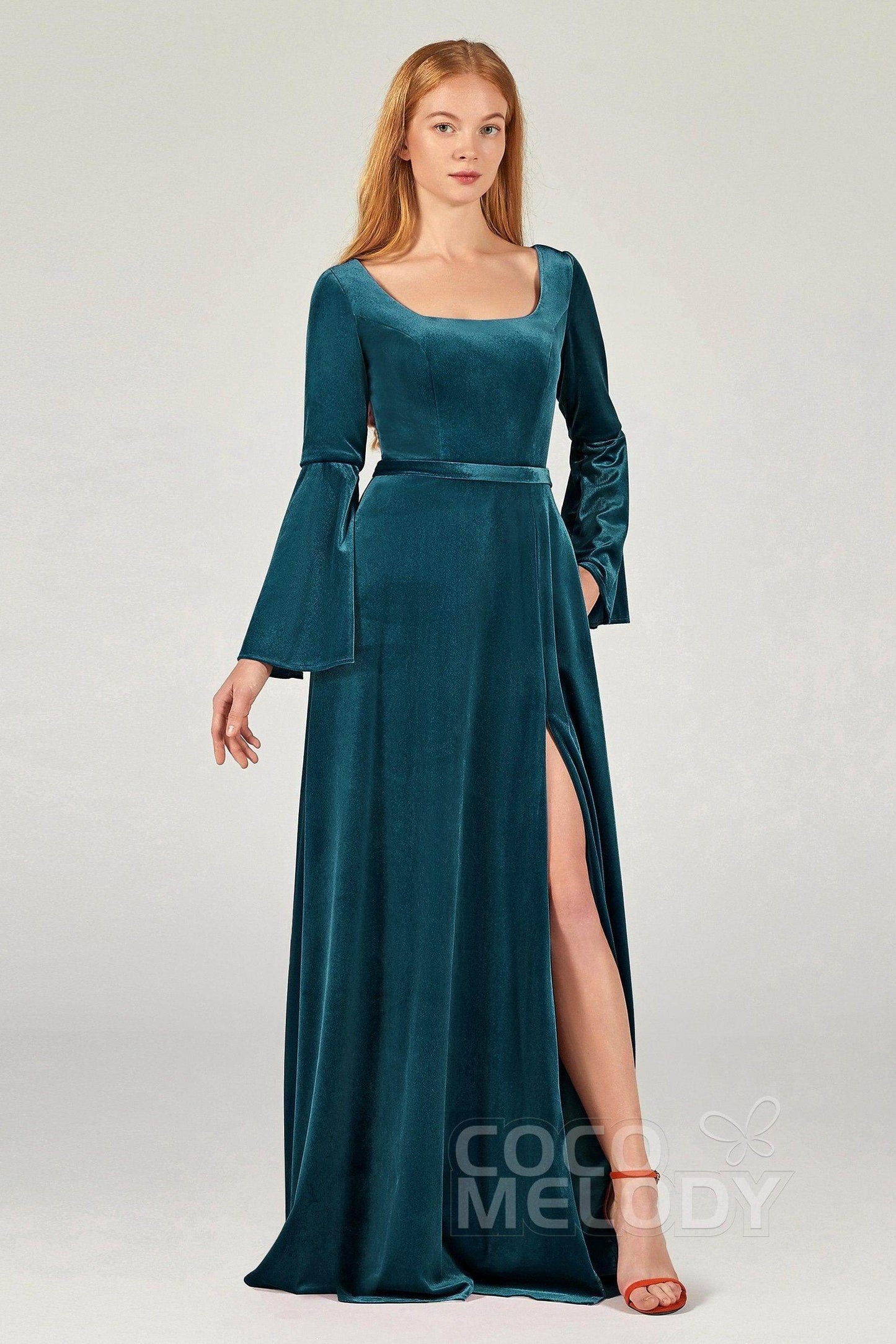 A-Line Floor Length Velvet Bridesmaid Dress Formal Dresses CB0370 - COCOMELODY