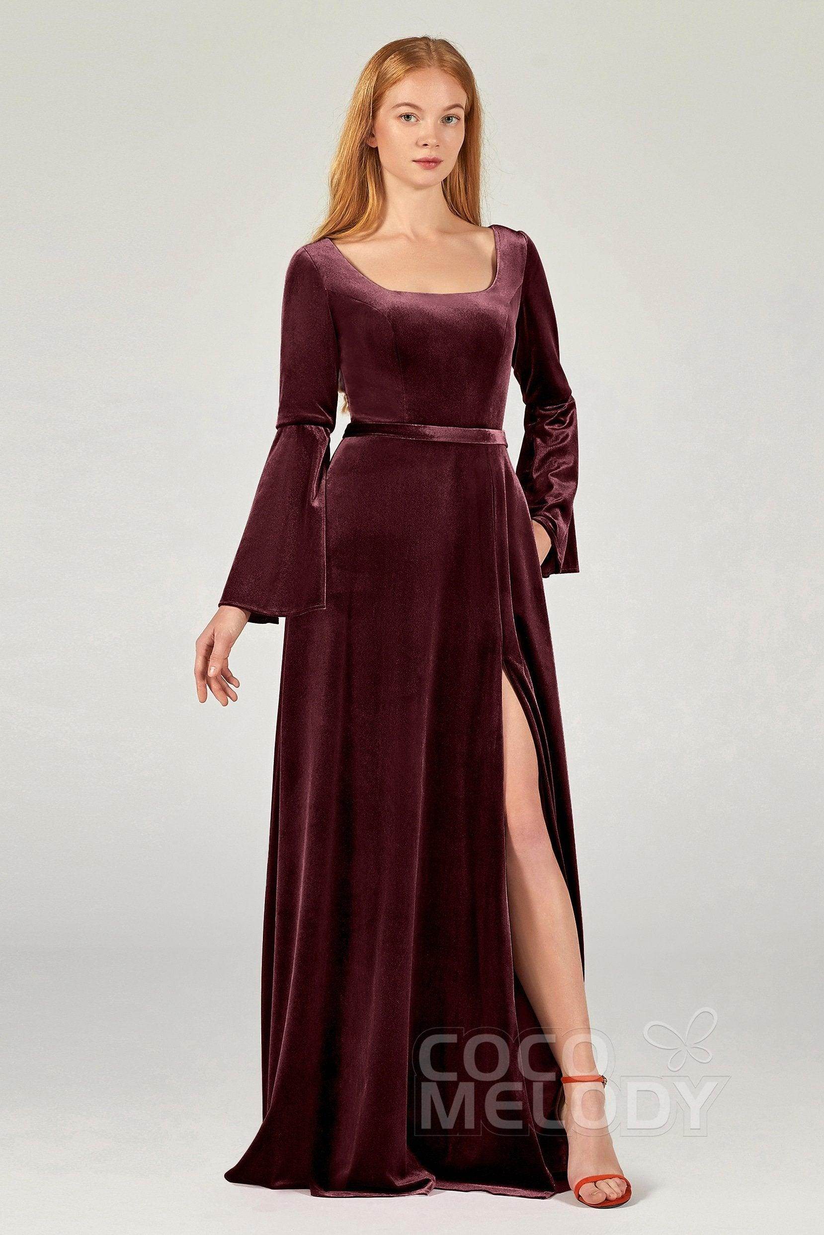 A-Line Floor Length Velvet Bridesmaid Dress Formal Dresses CB0370 - COCOMELODY