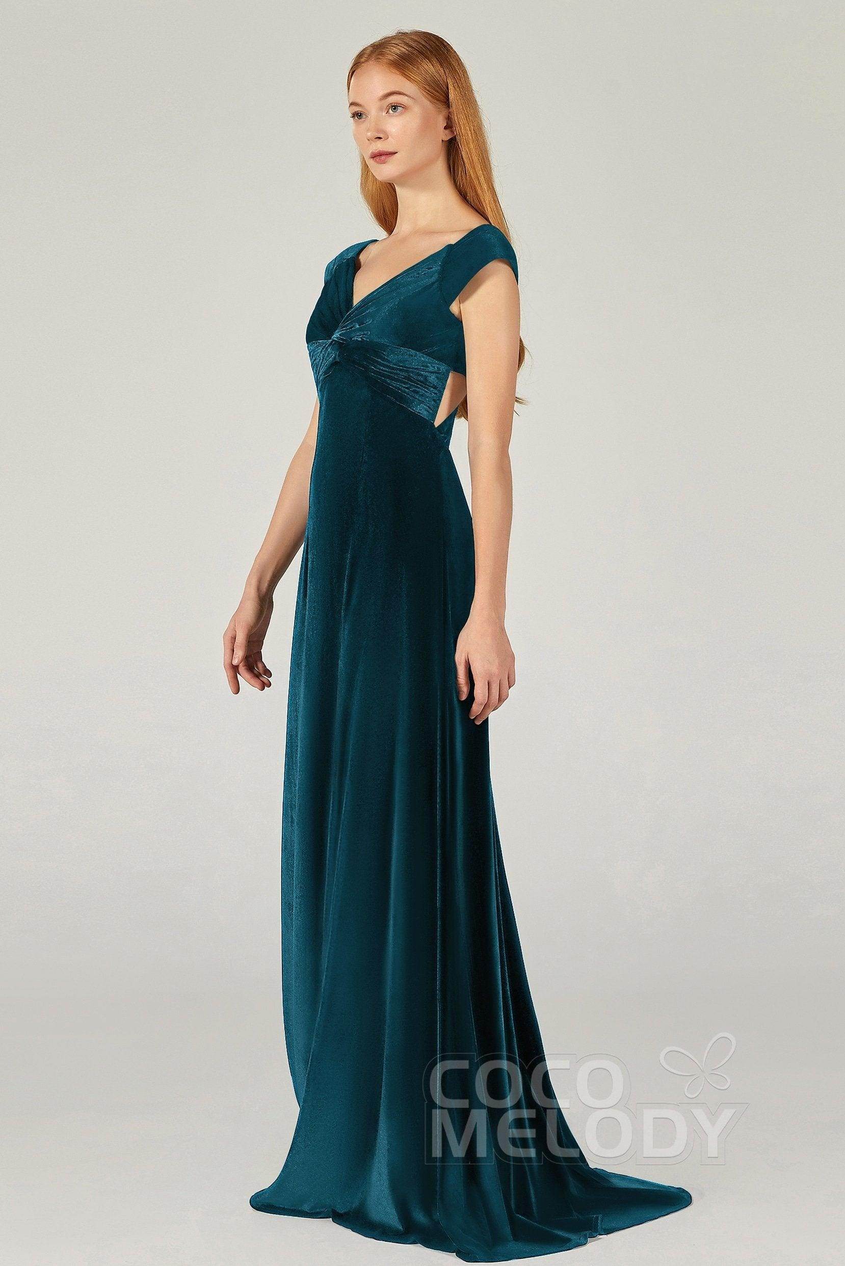 A-Line Floor Length Velvet Bridesmaid Dress CB0371 - COCOMELODY