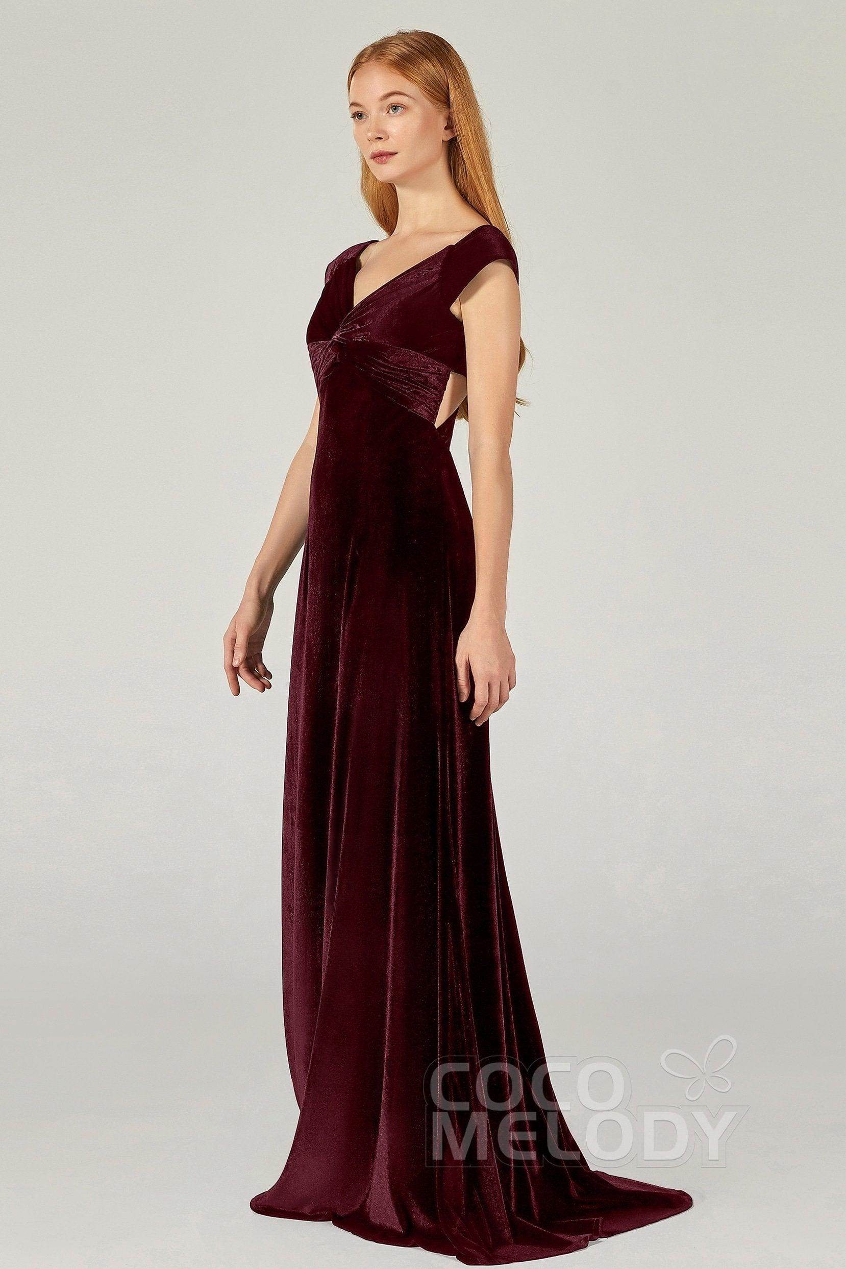 A-Line Floor Length Velvet Bridesmaid Dress CB0371 - COCOMELODY