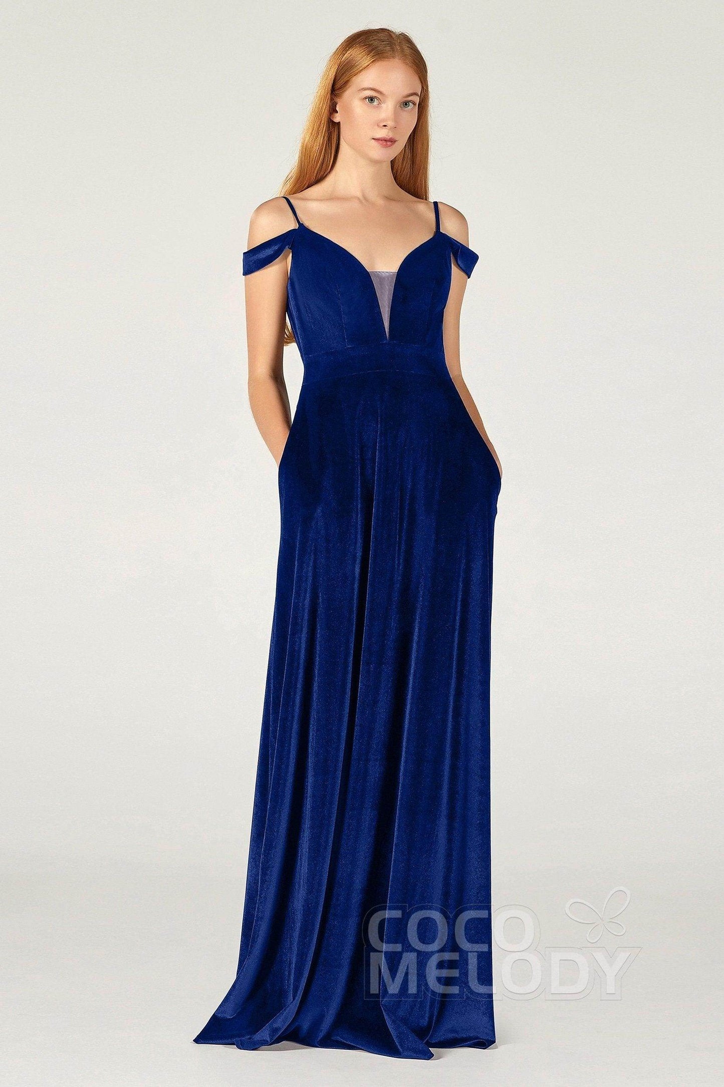 A-Line Floor Length Velvet Bridesmaid Dress CB0373 - COCOMELODY