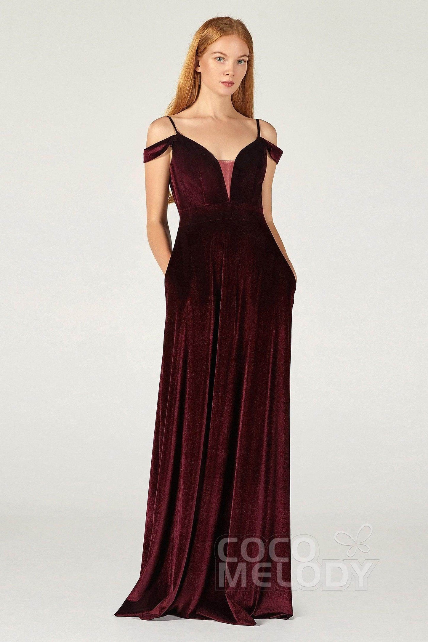 A-Line Floor Length Velvet Bridesmaid Dress CB0373 - COCOMELODY