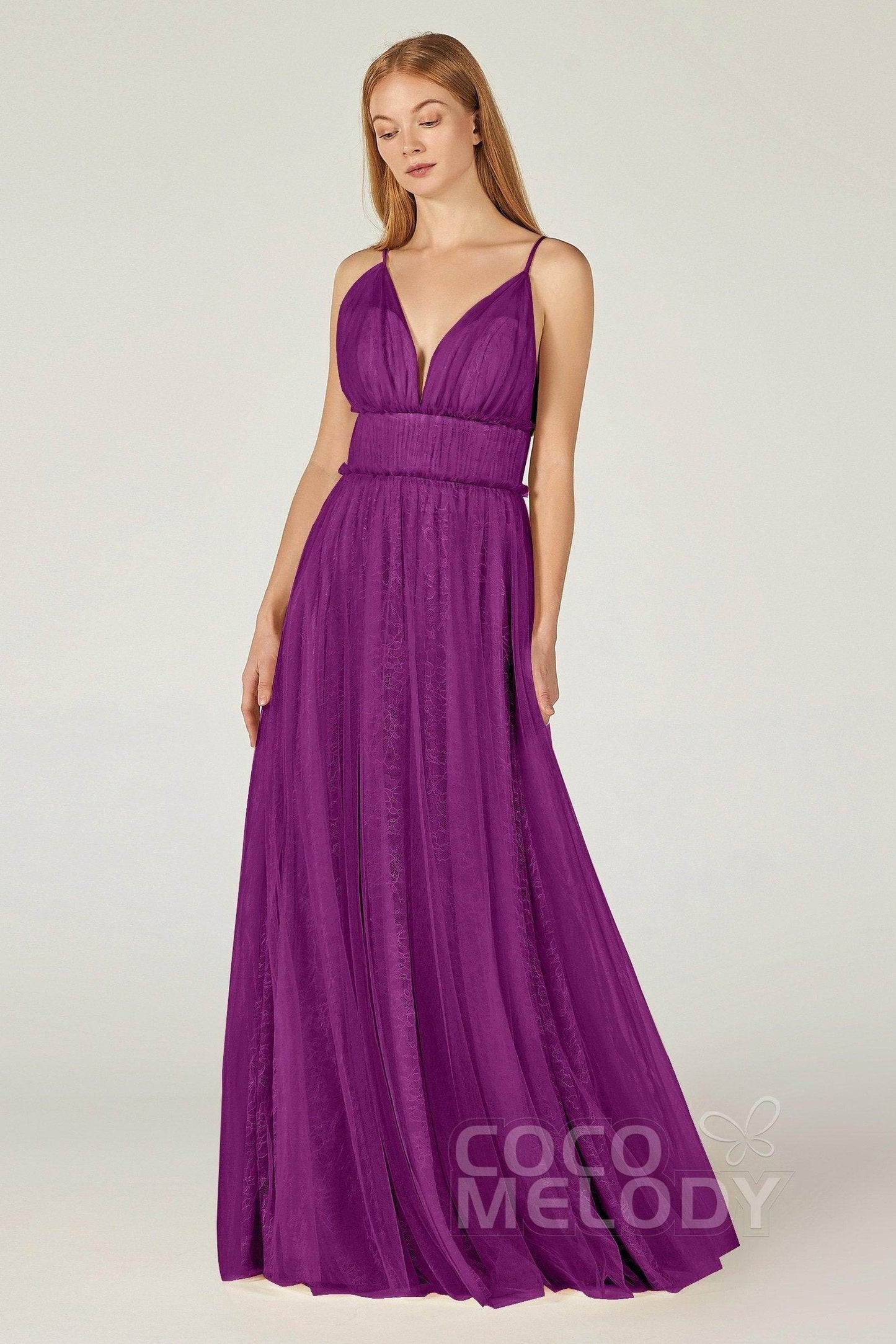 A-Line Floor Length Tulle Lace Bridesmaid Dress CB0374 - COCOMELODY