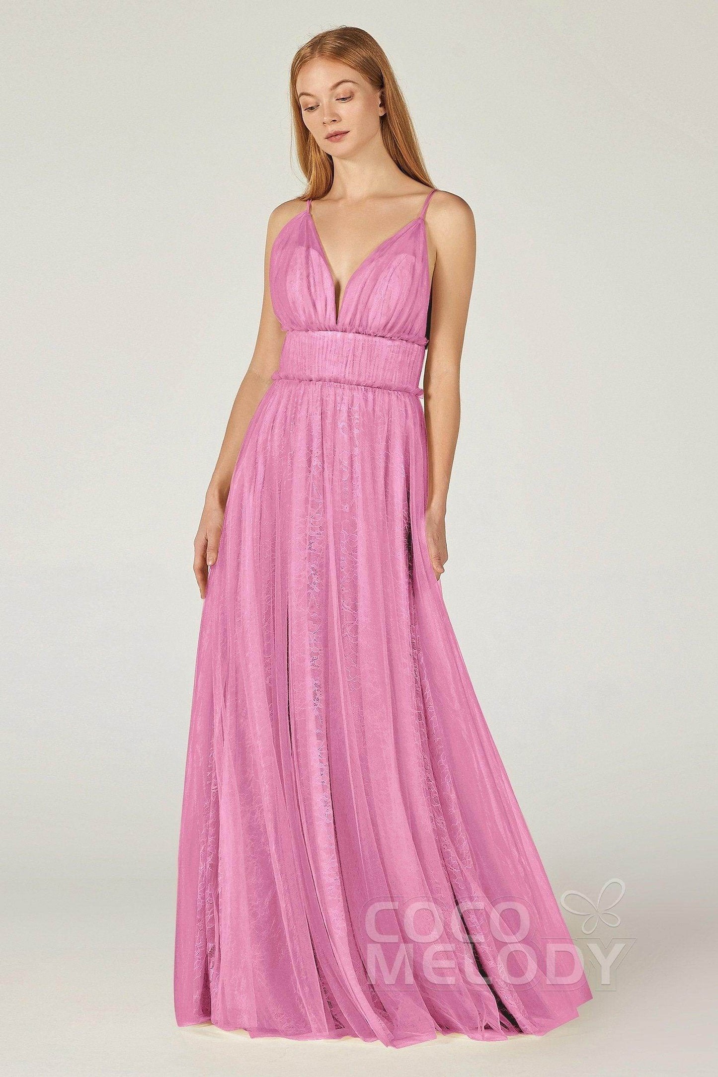 A-Line Floor Length Tulle Lace Bridesmaid Dress CB0374 - COCOMELODY
