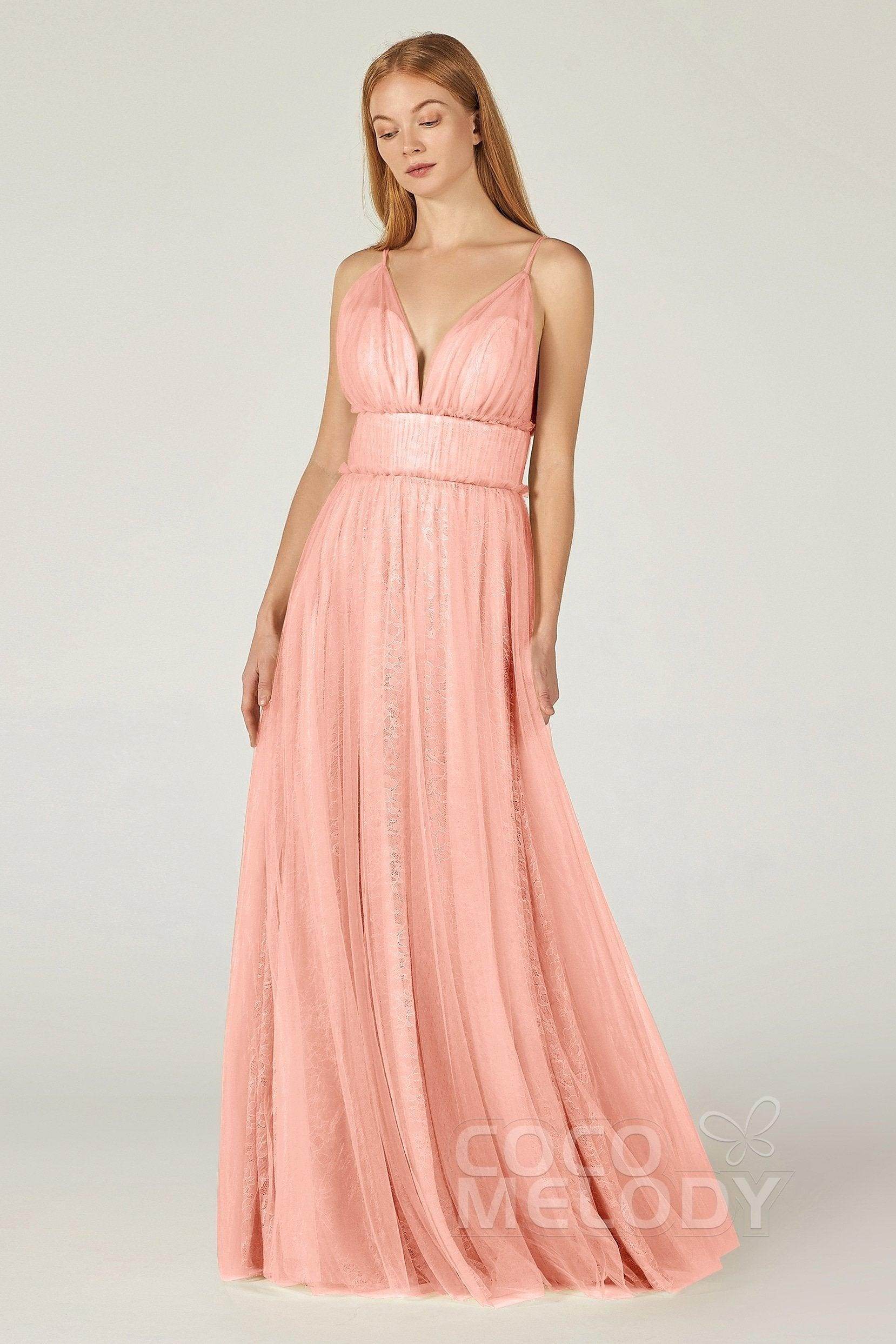 A-Line Floor Length Tulle Lace Bridesmaid Dress CB0374 - COCOMELODY