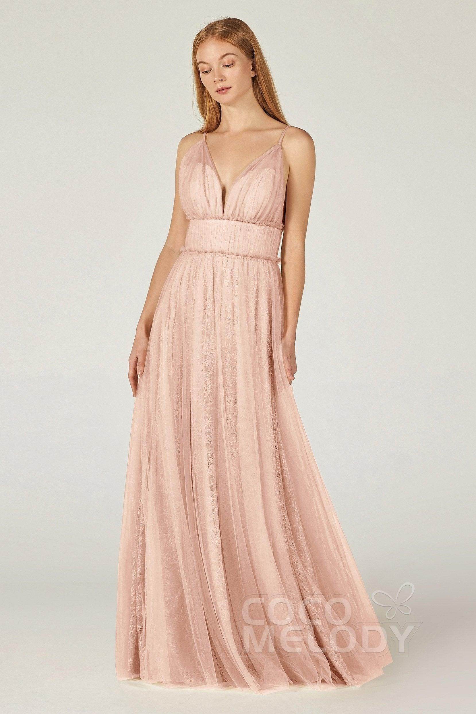 A-Line Floor Length Tulle Lace Bridesmaid Dress CB0374 - COCOMELODY