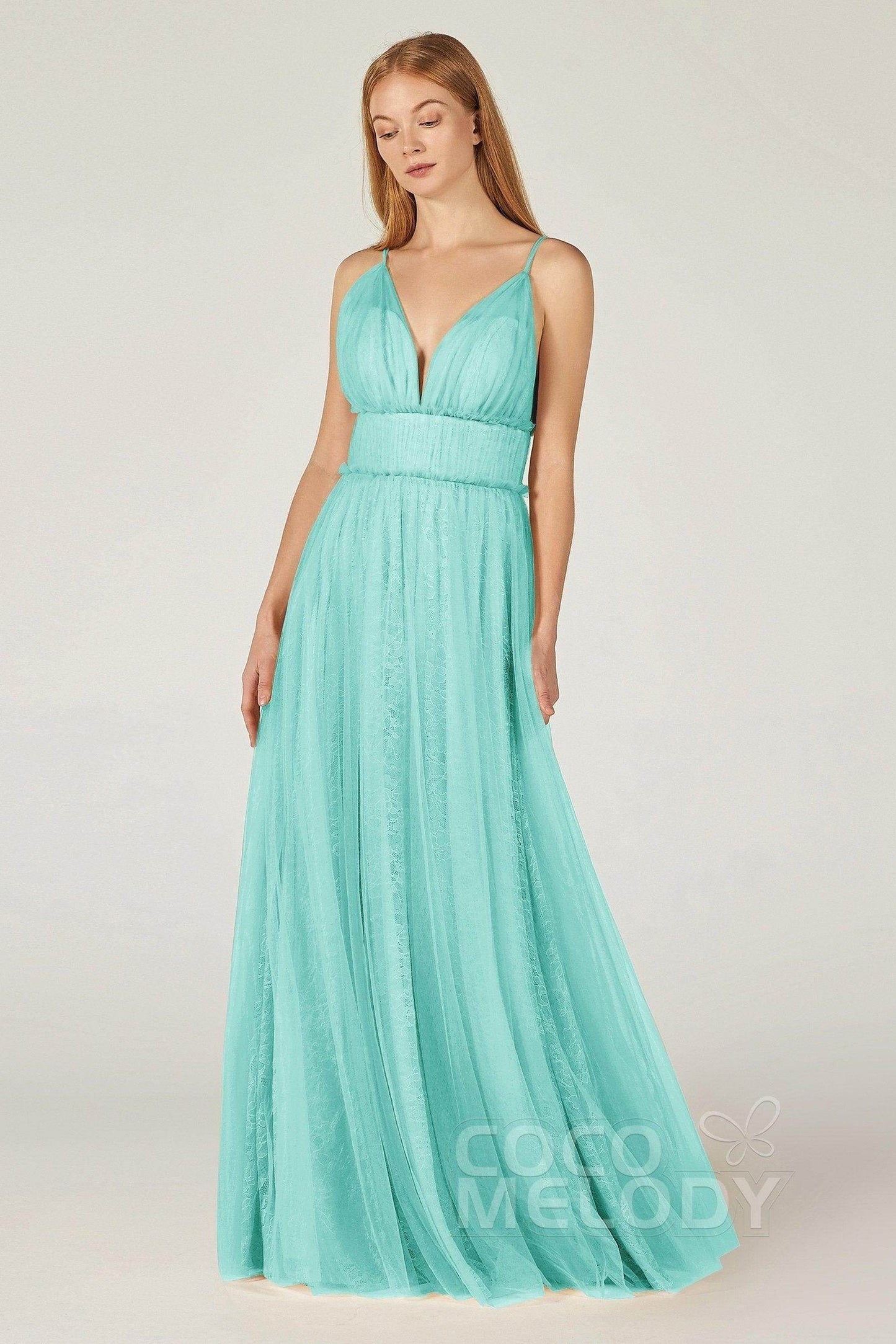 A-Line Floor Length Tulle Lace Bridesmaid Dress CB0374 - COCOMELODY