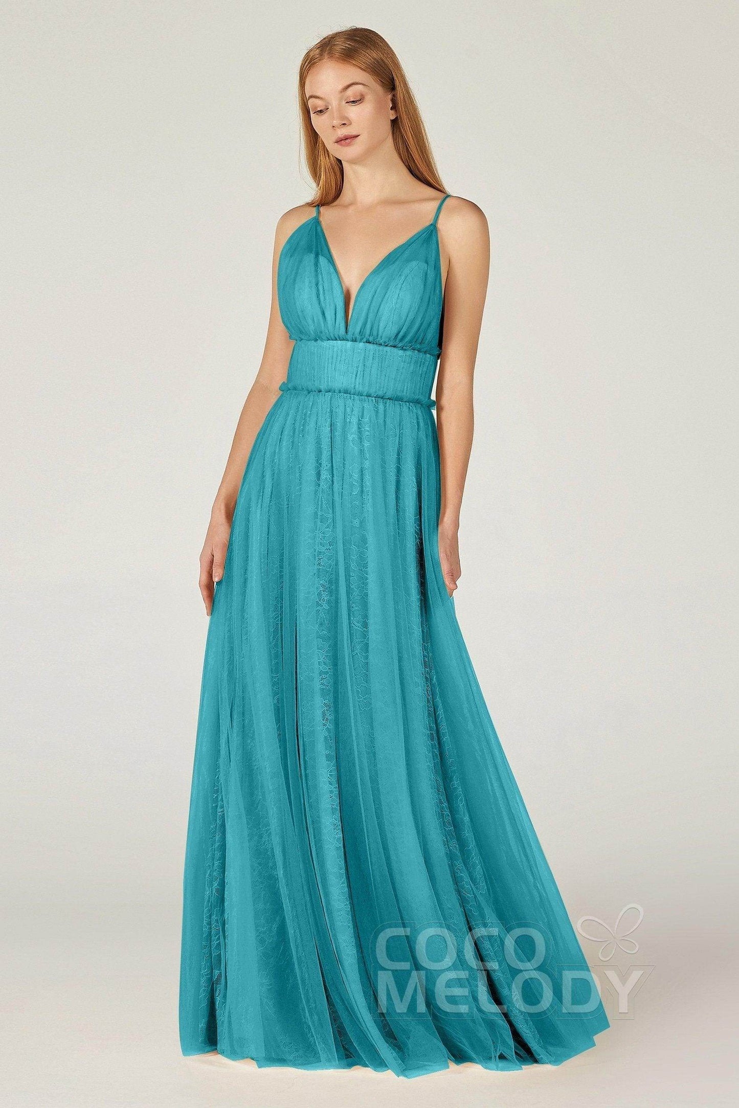 A-Line Floor Length Tulle Lace Bridesmaid Dress CB0374 - COCOMELODY