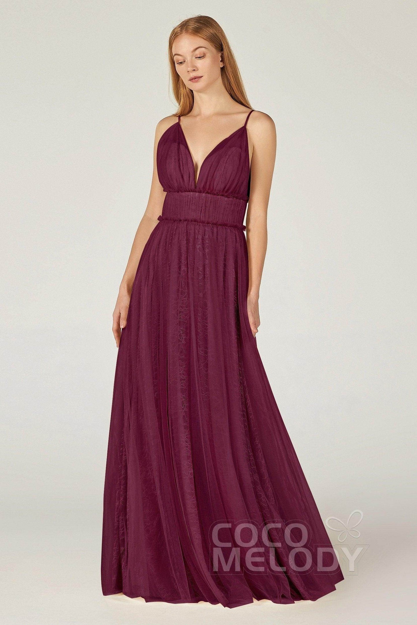 A-Line Floor Length Tulle Lace Bridesmaid Dress CB0374 - COCOMELODY