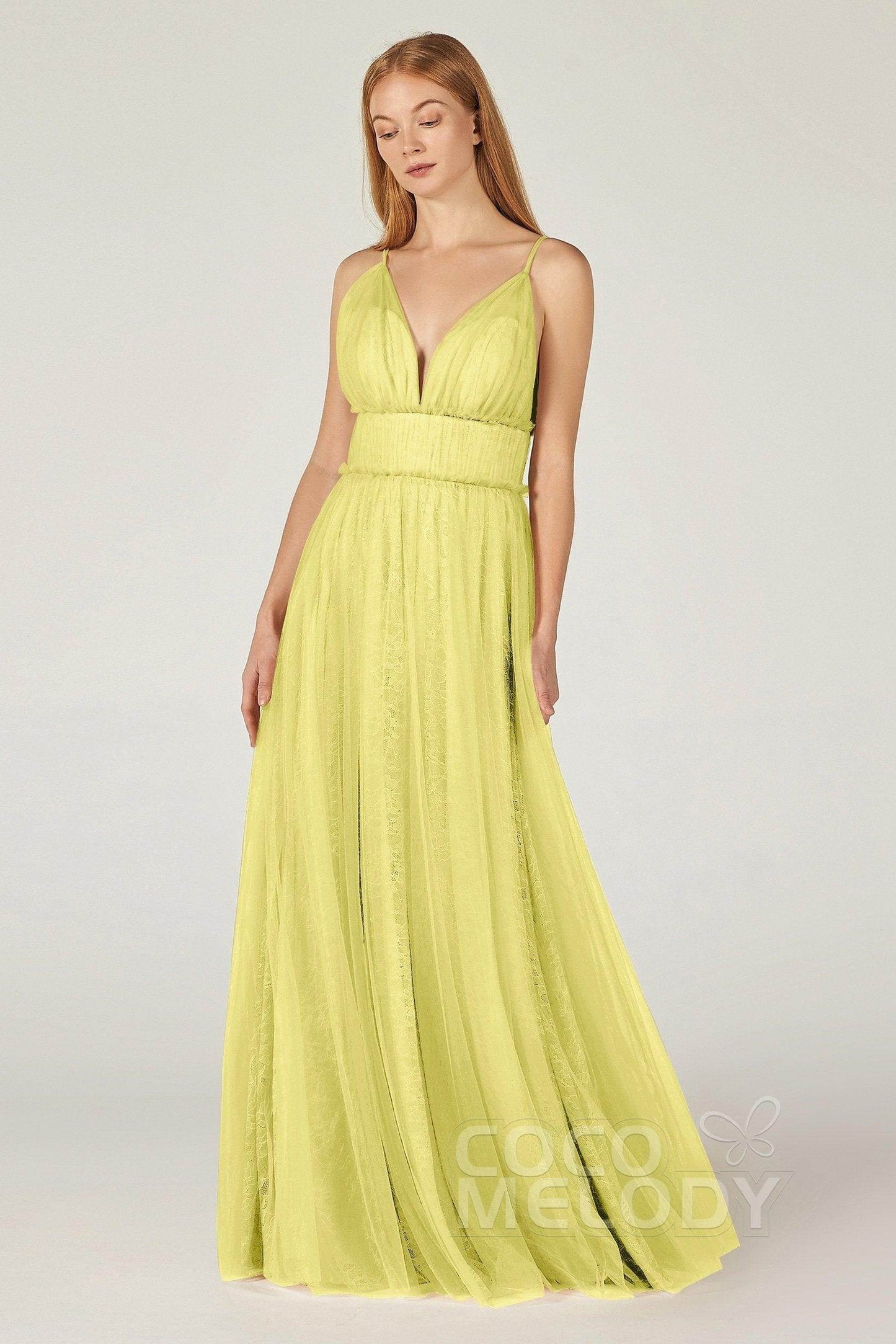 A-Line Floor Length Tulle Lace Bridesmaid Dress CB0374 - COCOMELODY