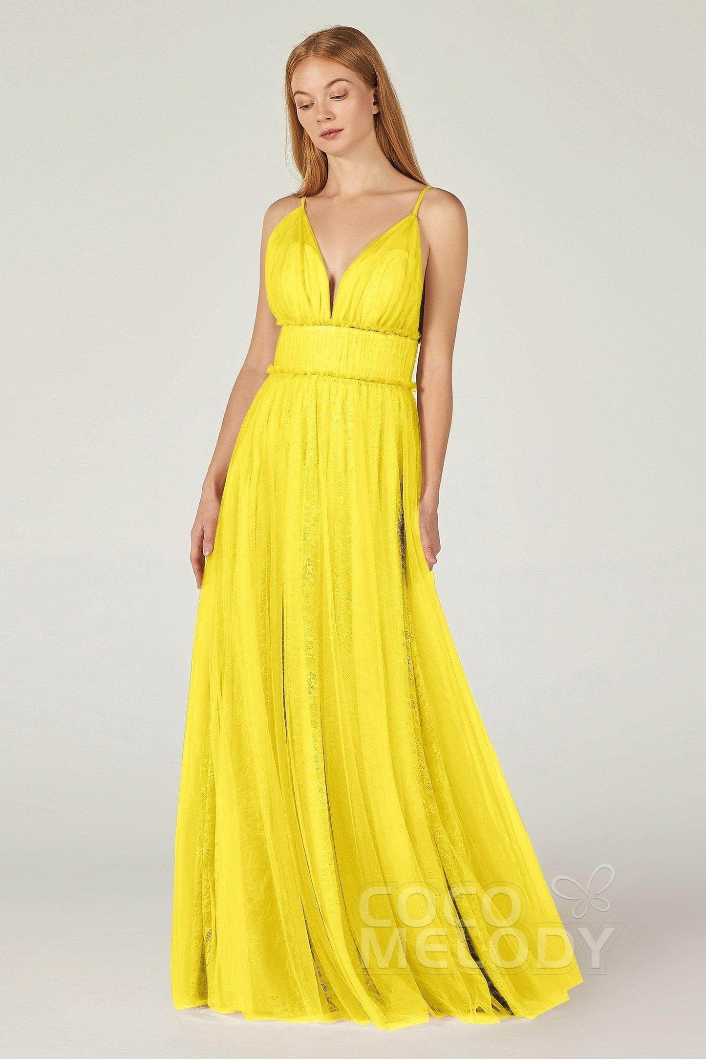 A-Line Floor Length Tulle Lace Bridesmaid Dress CB0374 - COCOMELODY