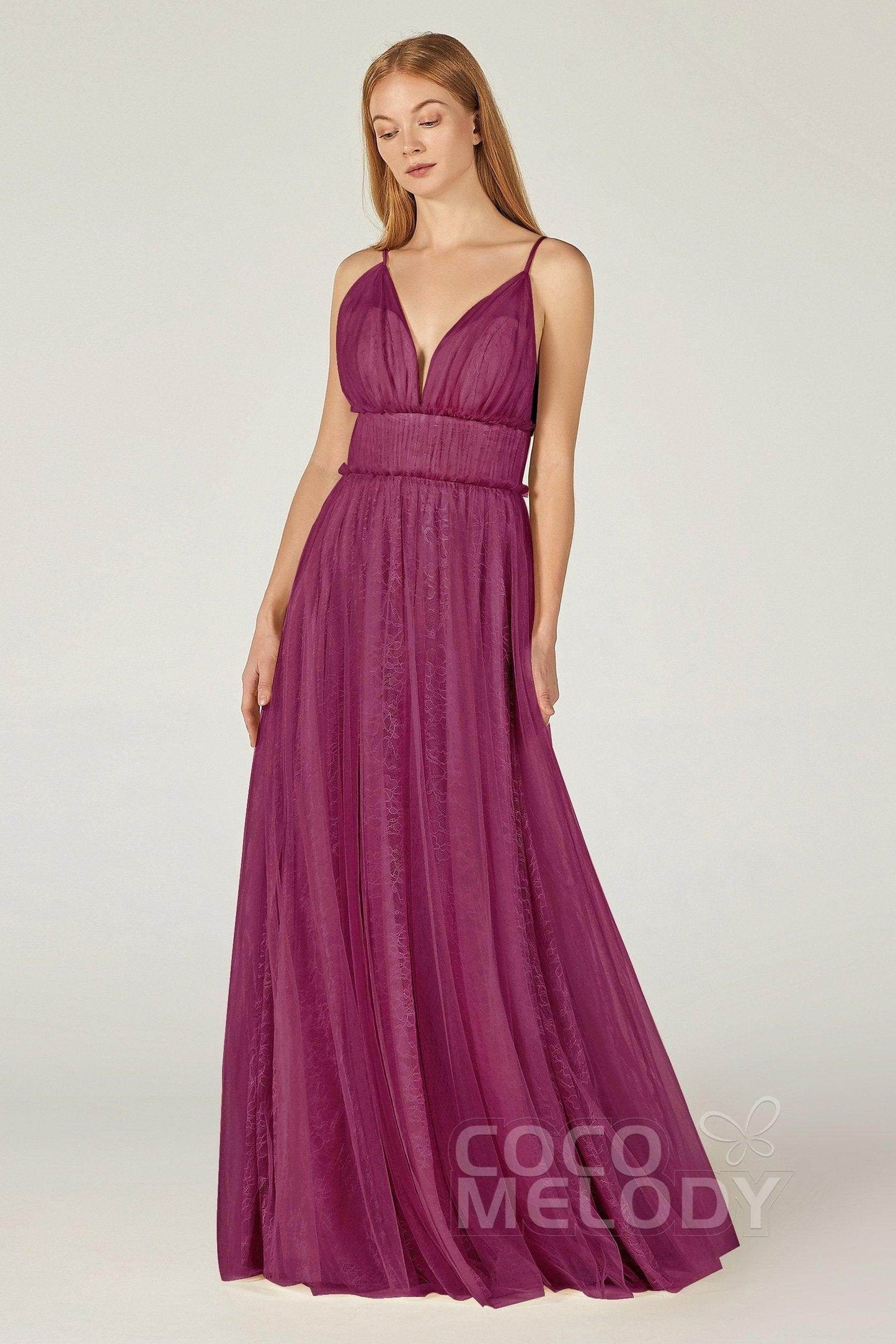 A-Line Floor Length Tulle Lace Bridesmaid Dress CB0374 - COCOMELODY