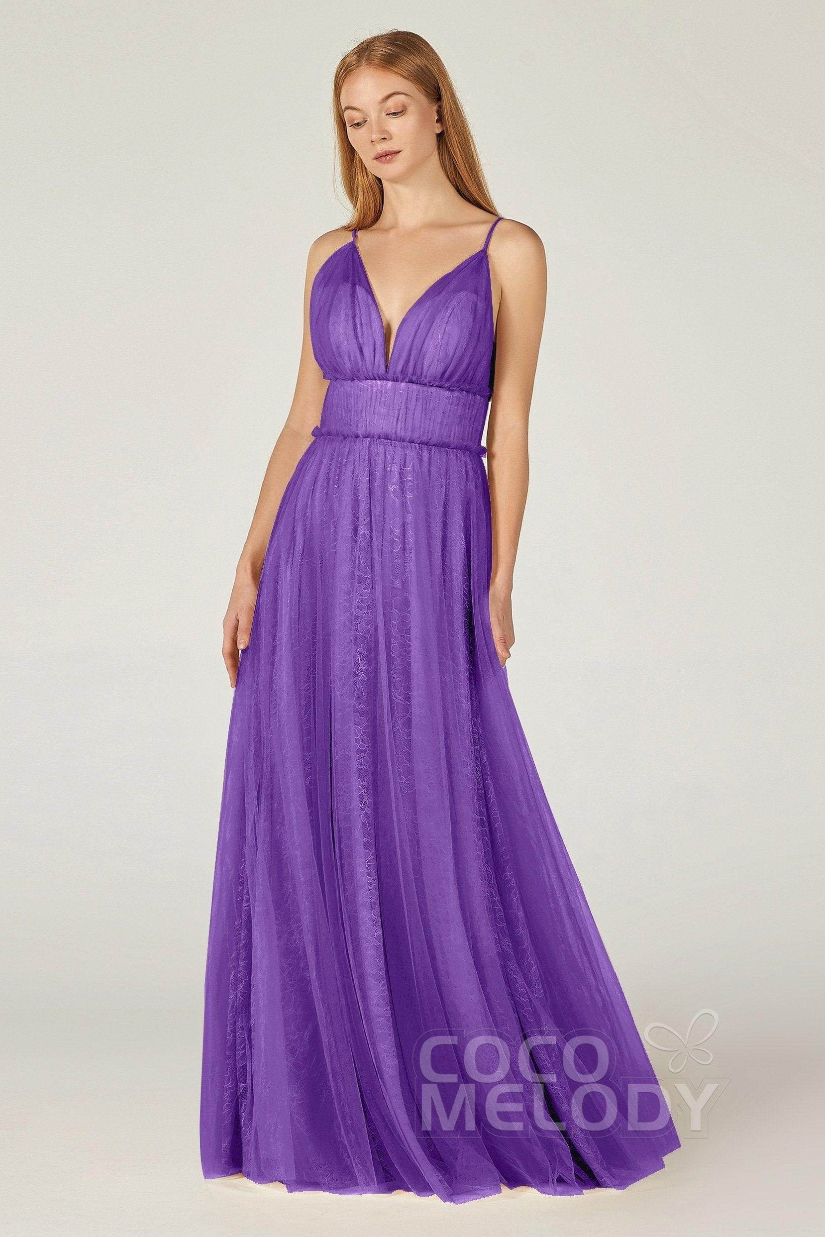 A-Line Floor Length Tulle Lace Bridesmaid Dress CB0374 - COCOMELODY