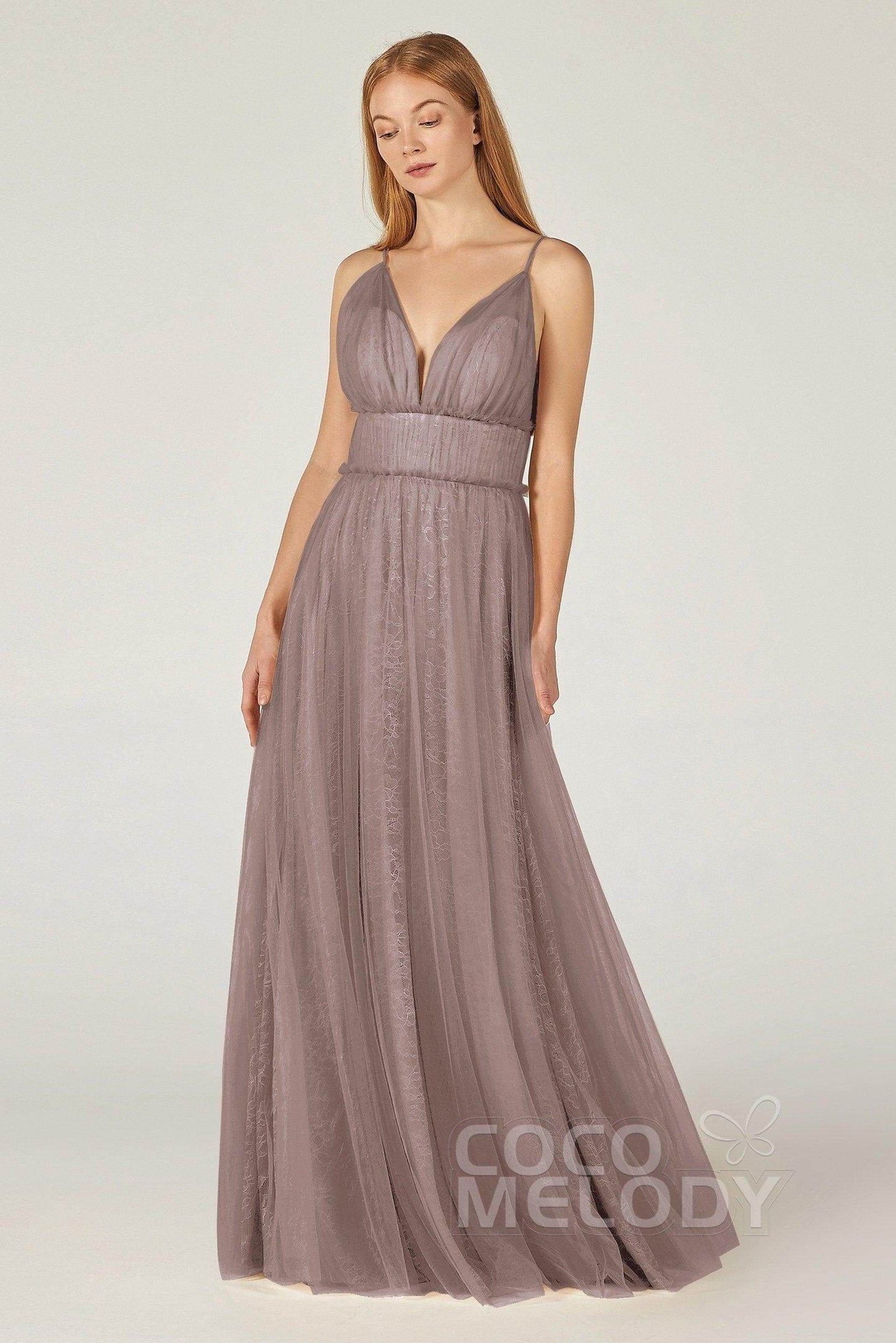 A-Line Floor Length Tulle Lace Bridesmaid Dress CB0374 - COCOMELODY
