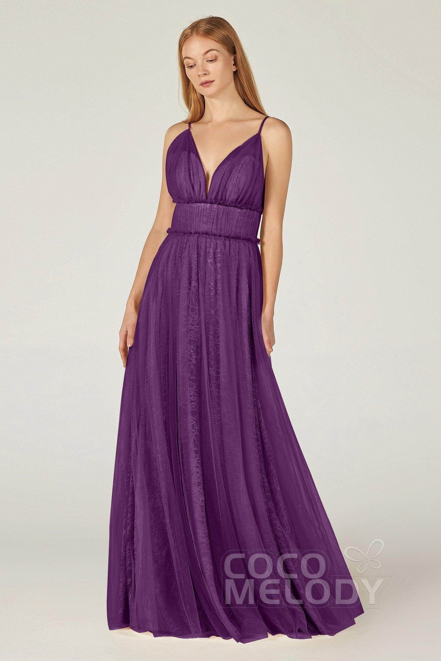 A-Line Floor Length Tulle Lace Bridesmaid Dress CB0374 - COCOMELODY