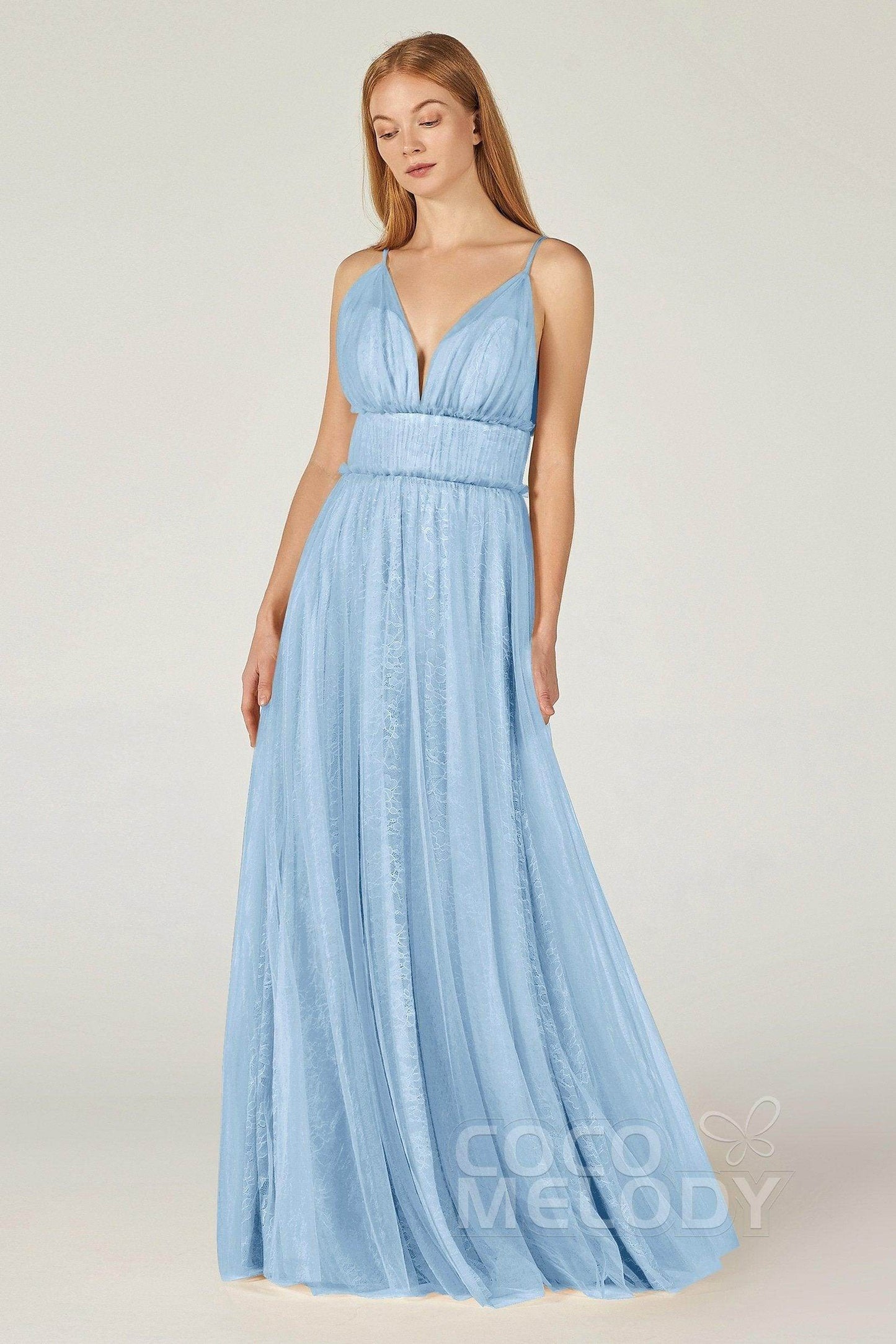 A-Line Floor Length Tulle Lace Bridesmaid Dress CB0374 - COCOMELODY