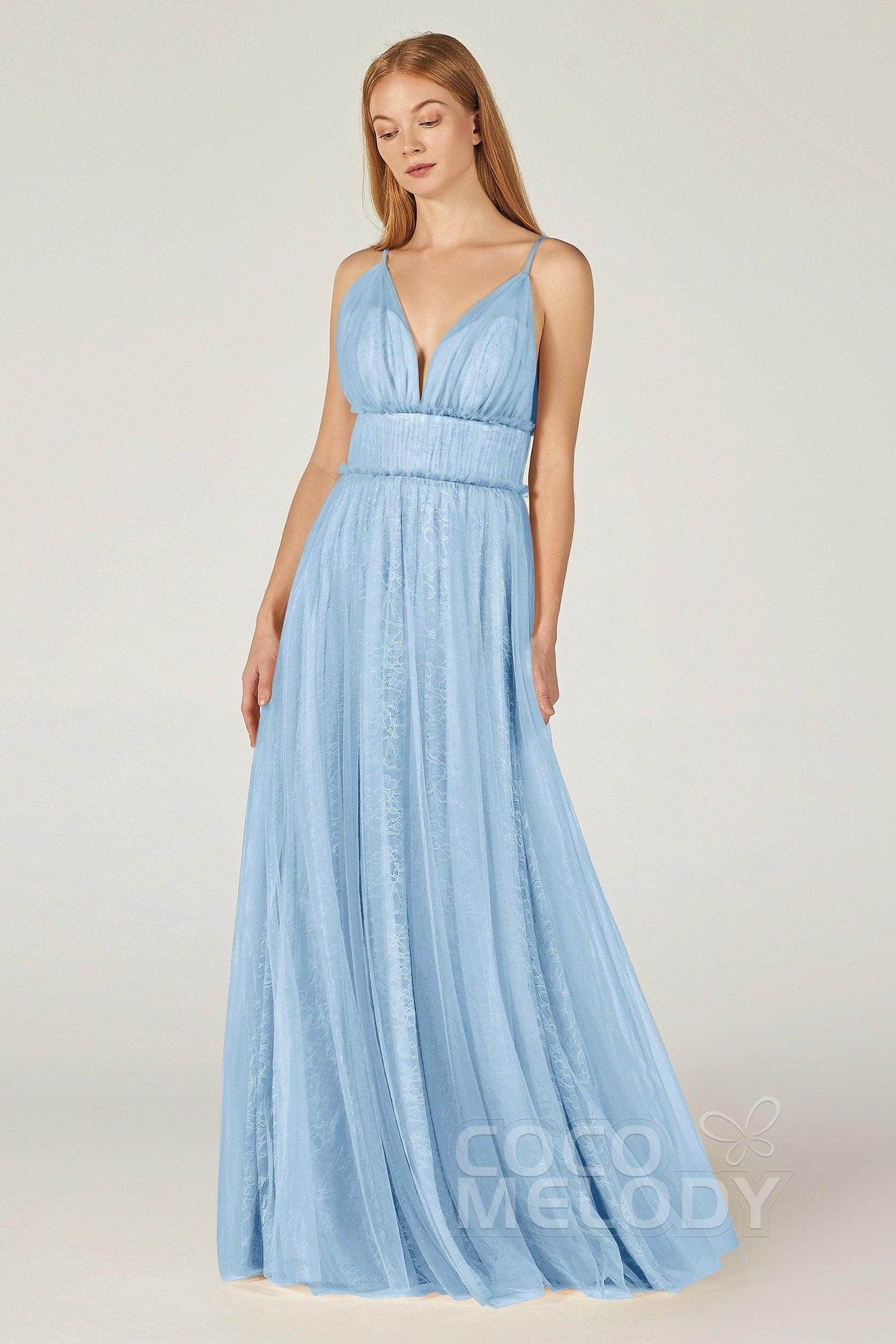 A-Line Floor Length Tulle Lace Bridesmaid Dress CB0374 - COCOMELODY