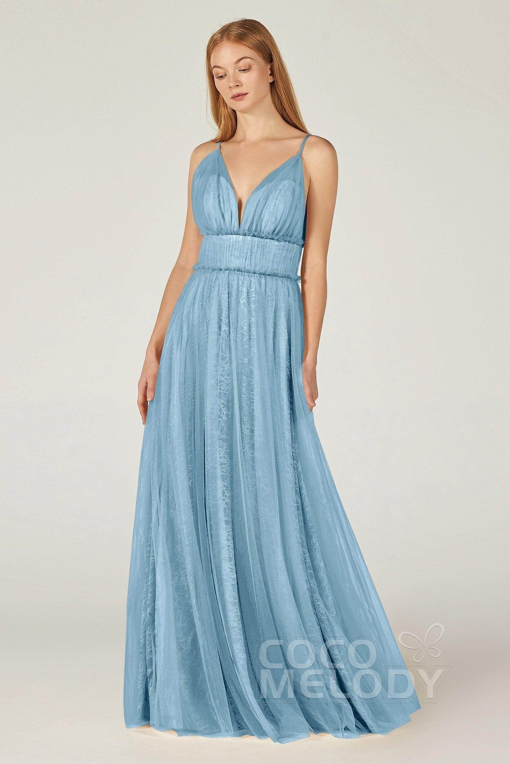 A-Line Floor Length Tulle Lace Bridesmaid Dress CB0374 - COCOMELODY