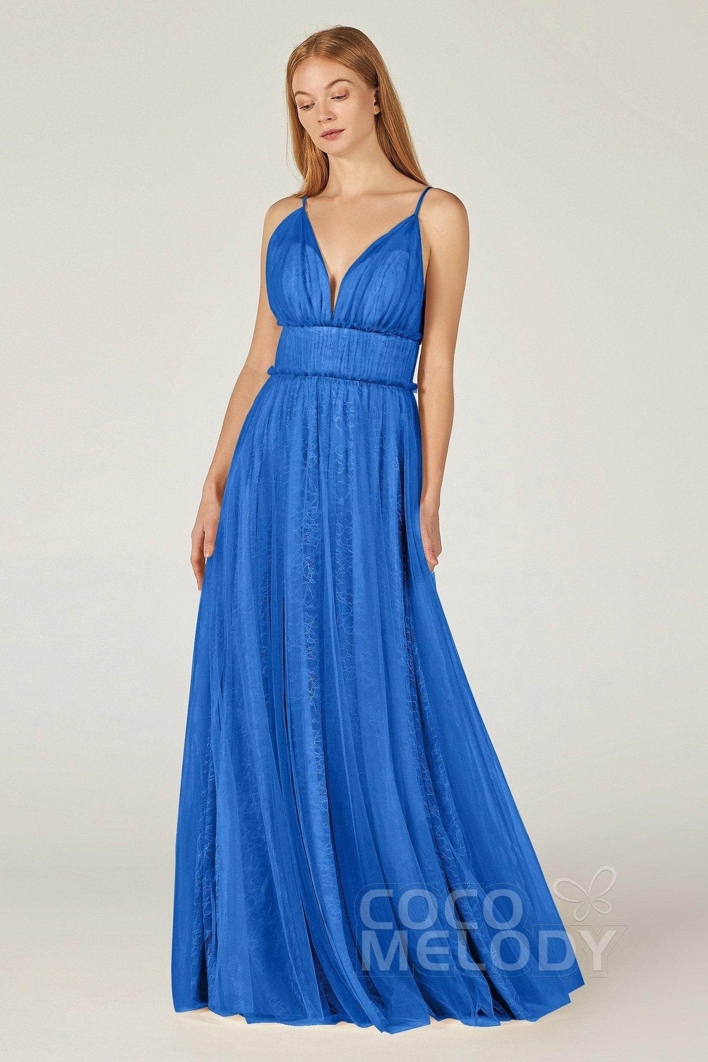 A-Line Floor Length Tulle Lace Bridesmaid Dress CB0374 - COCOMELODY
