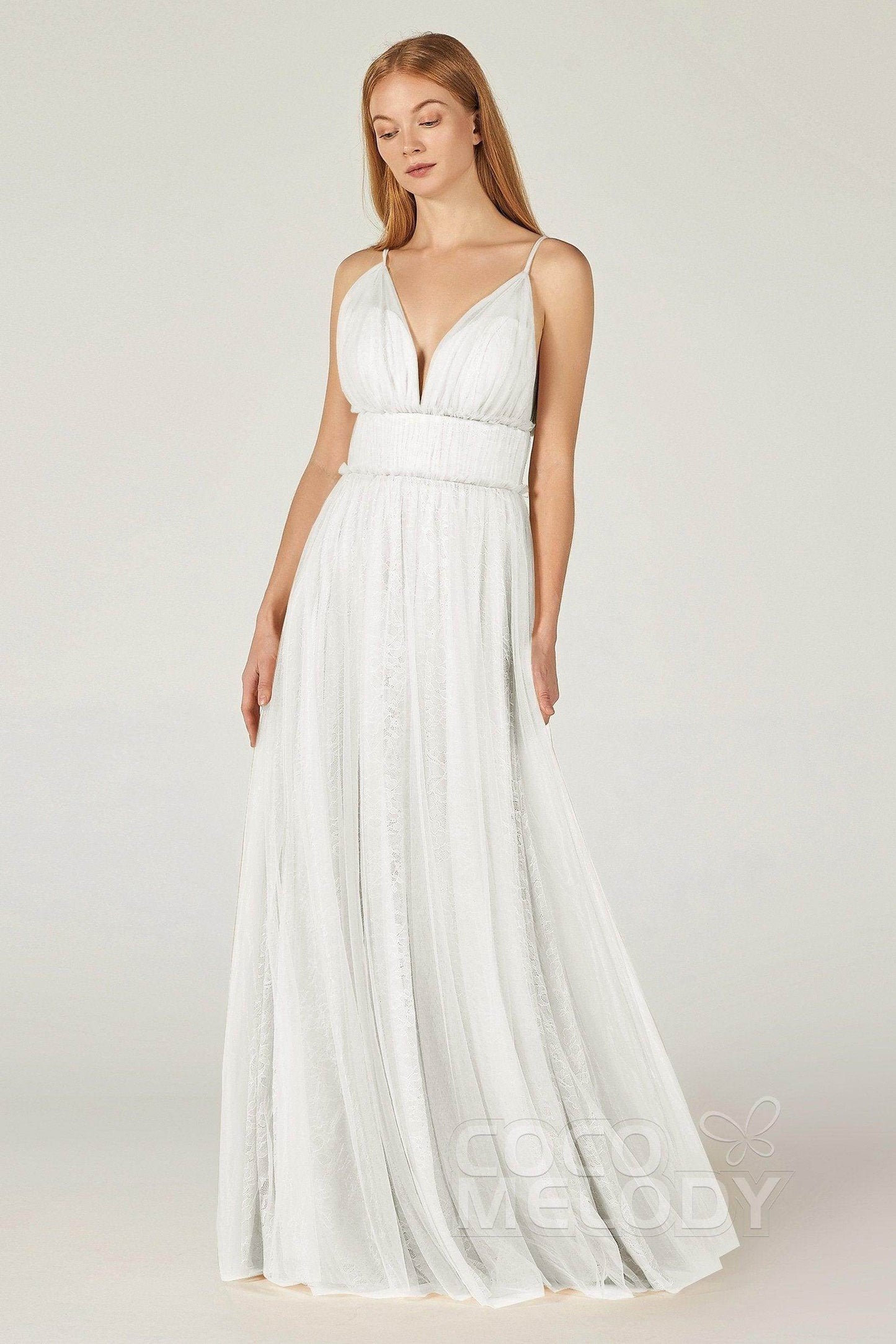 A-Line Floor Length Tulle Lace Bridesmaid Dress CB0374 - COCOMELODY