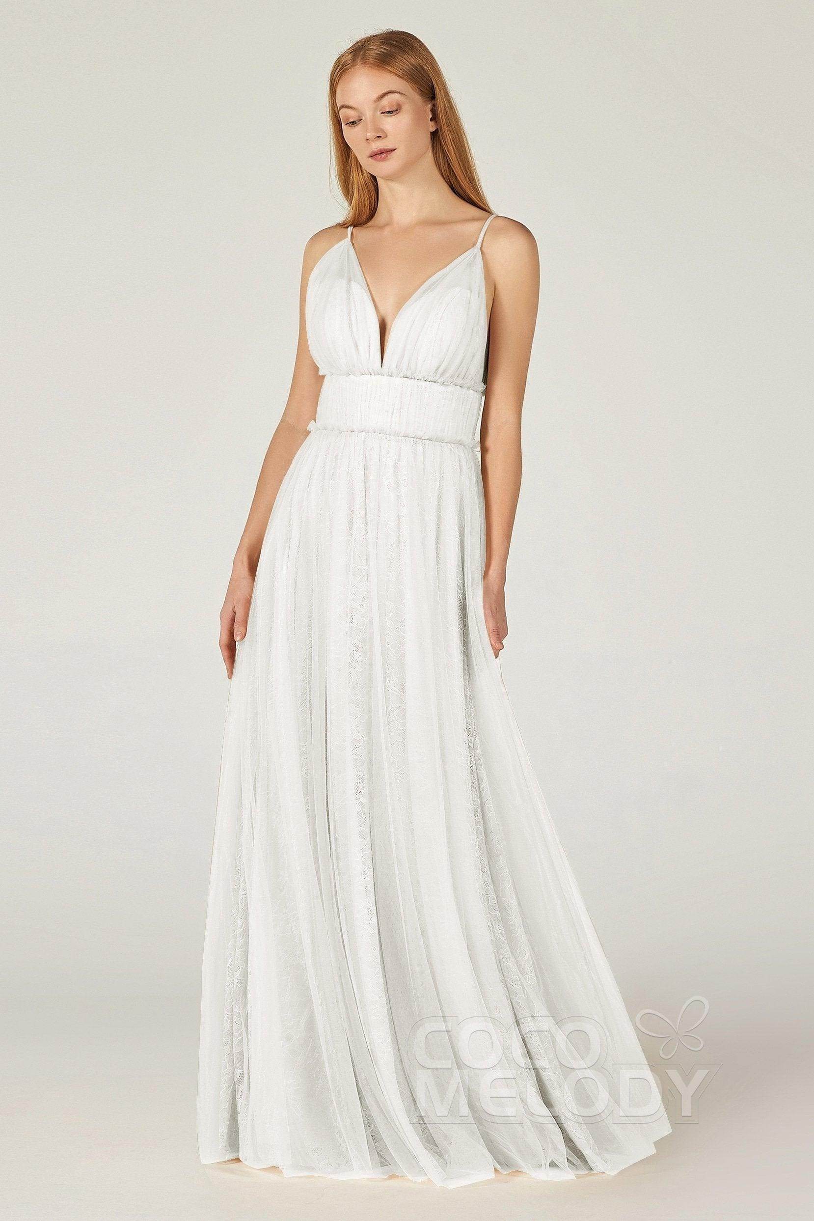 A-Line Floor Length Tulle Lace Bridesmaid Dress CB0374 - COCOMELODY