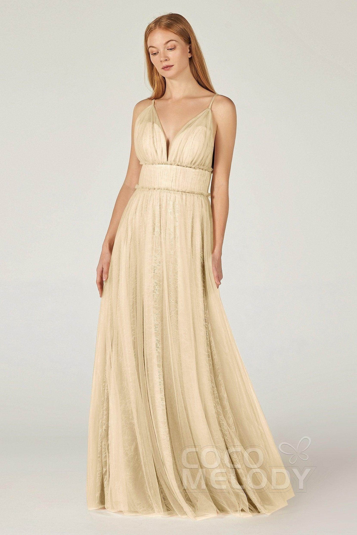 A-Line Floor Length Tulle Lace Bridesmaid Dress CB0374 - COCOMELODY