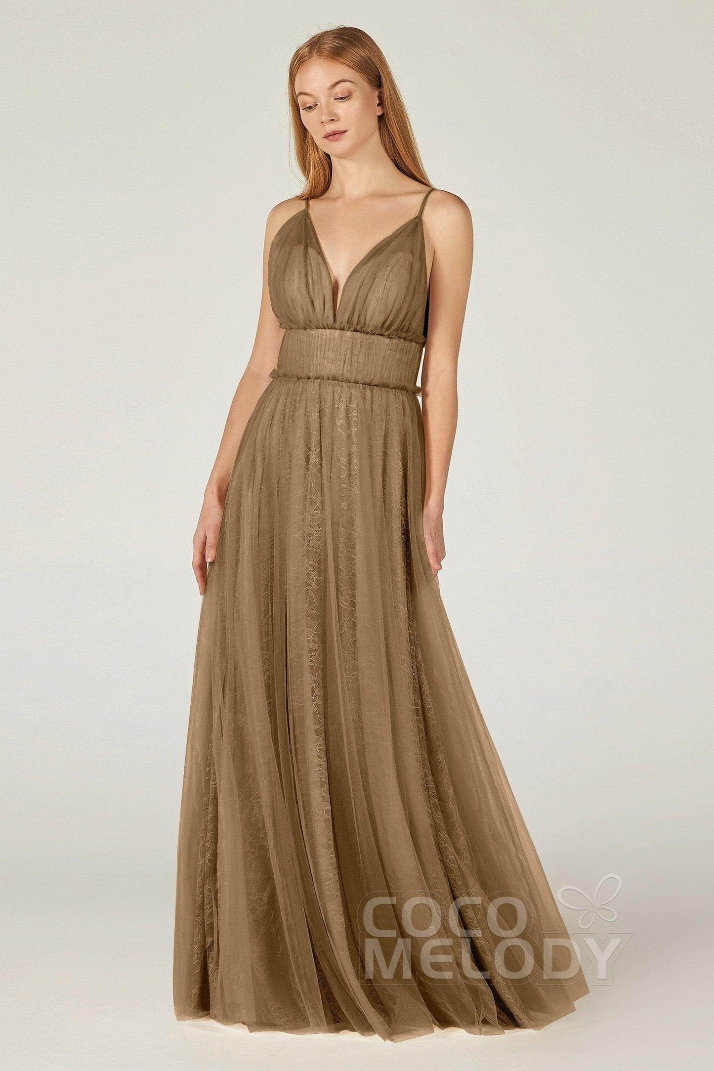 A-Line Floor Length Tulle Lace Bridesmaid Dress CB0374 - COCOMELODY