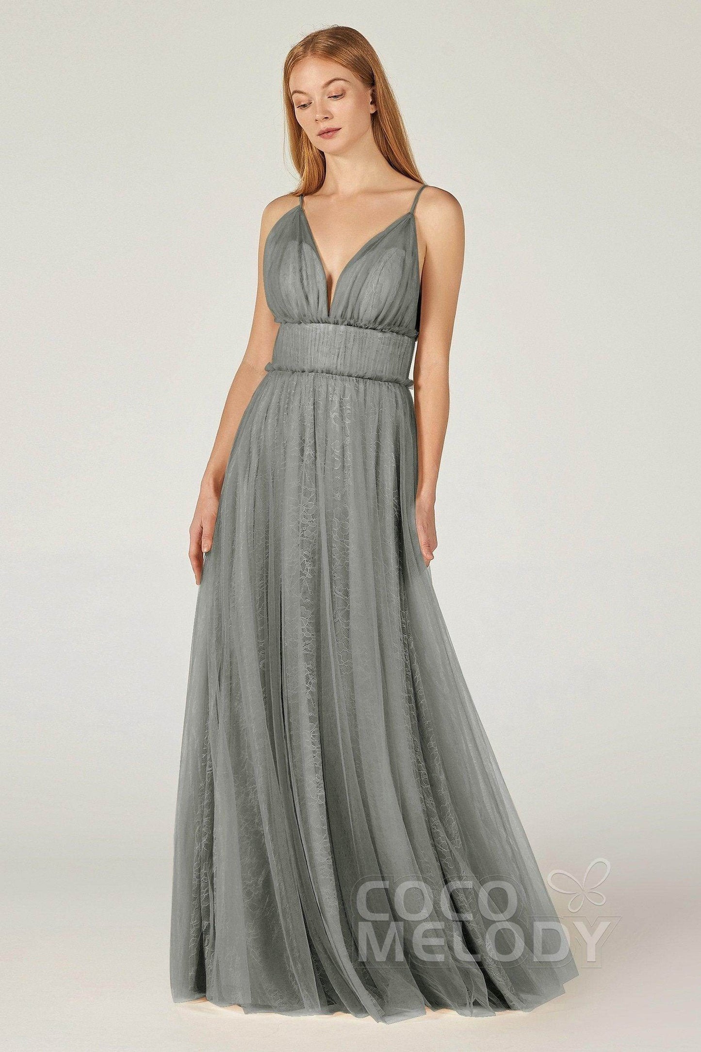 A-Line Floor Length Tulle Lace Bridesmaid Dress CB0374 - COCOMELODY