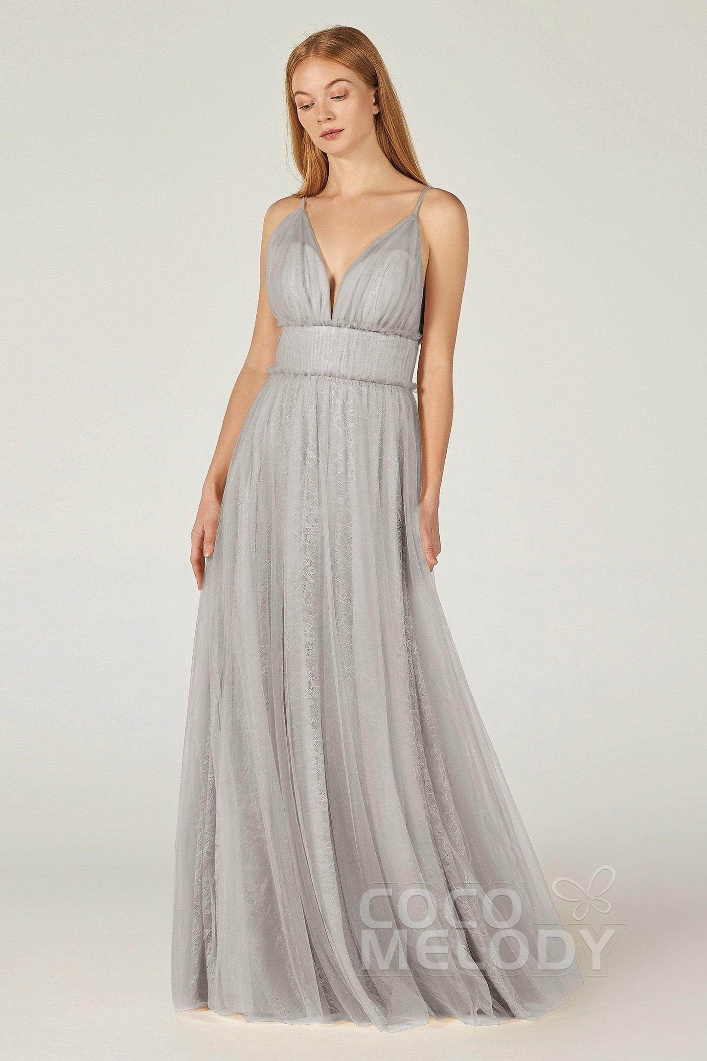 A-Line Floor Length Tulle Lace Bridesmaid Dress CB0374 - COCOMELODY
