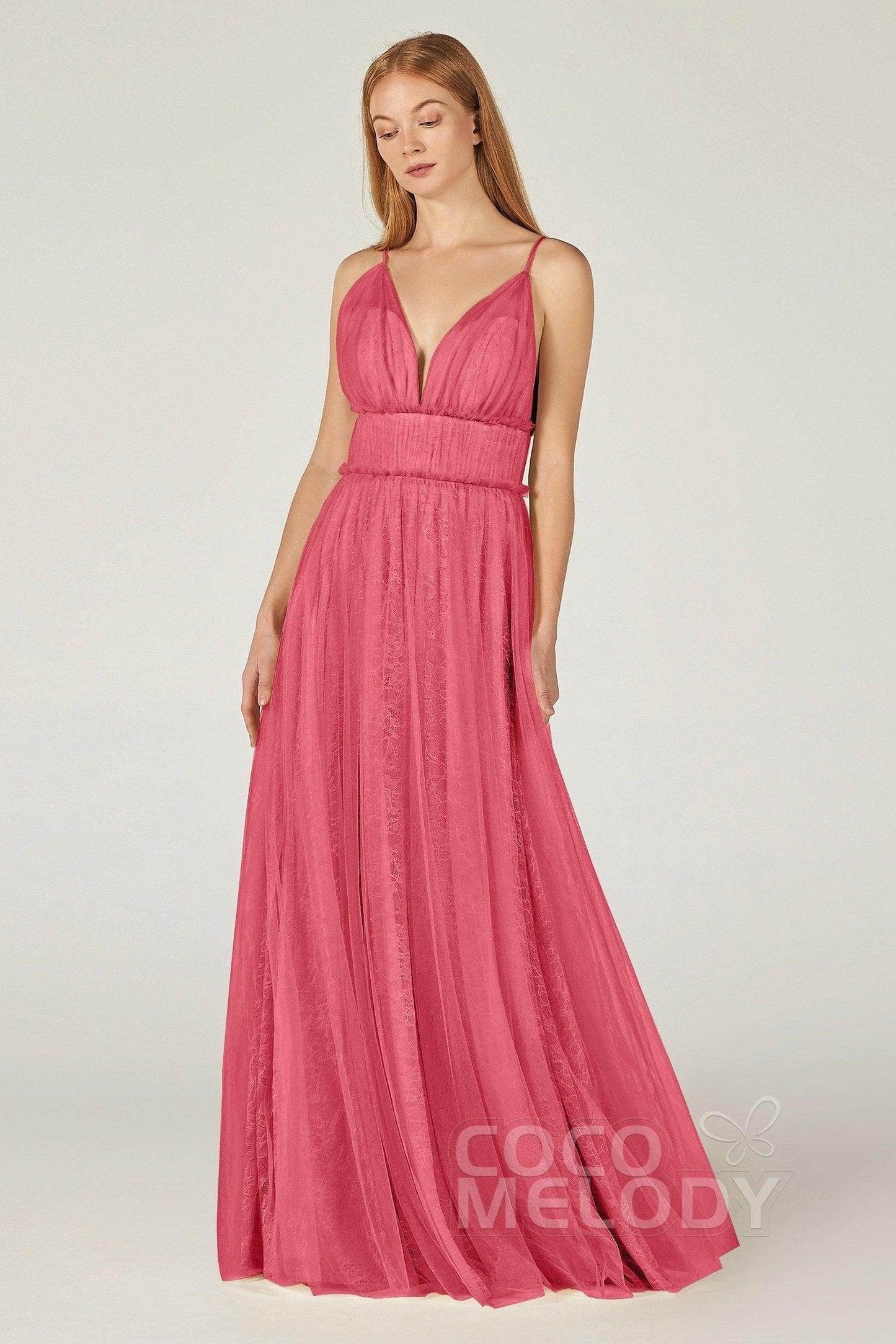 A-Line Floor Length Tulle Lace Bridesmaid Dress CB0374 - COCOMELODY