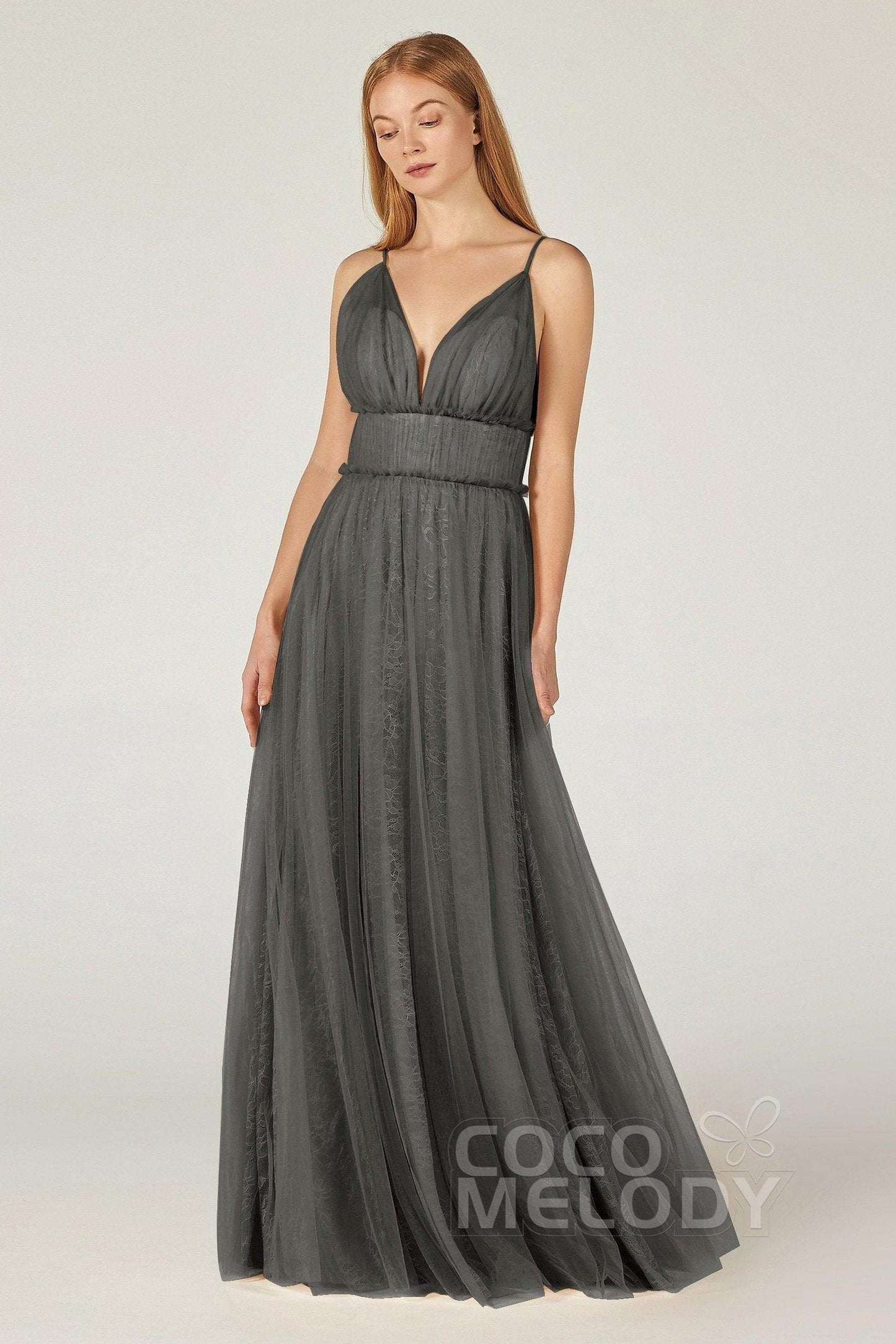 A-Line Floor Length Tulle Lace Bridesmaid Dress CB0374 - COCOMELODY