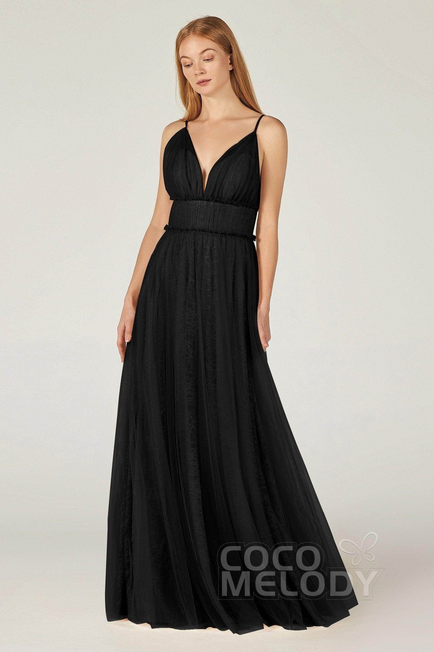 A-Line Floor Length Tulle Lace Bridesmaid Dress CB0374 - COCOMELODY